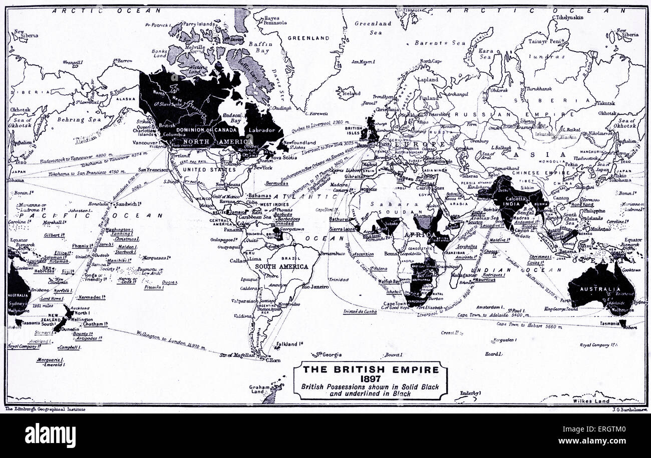 Das britische Empire im Jahr 1897. Weltkarte mit britischen Besitzungen in schwarz und unterstrichen dargestellt in schwarz. Stockfoto