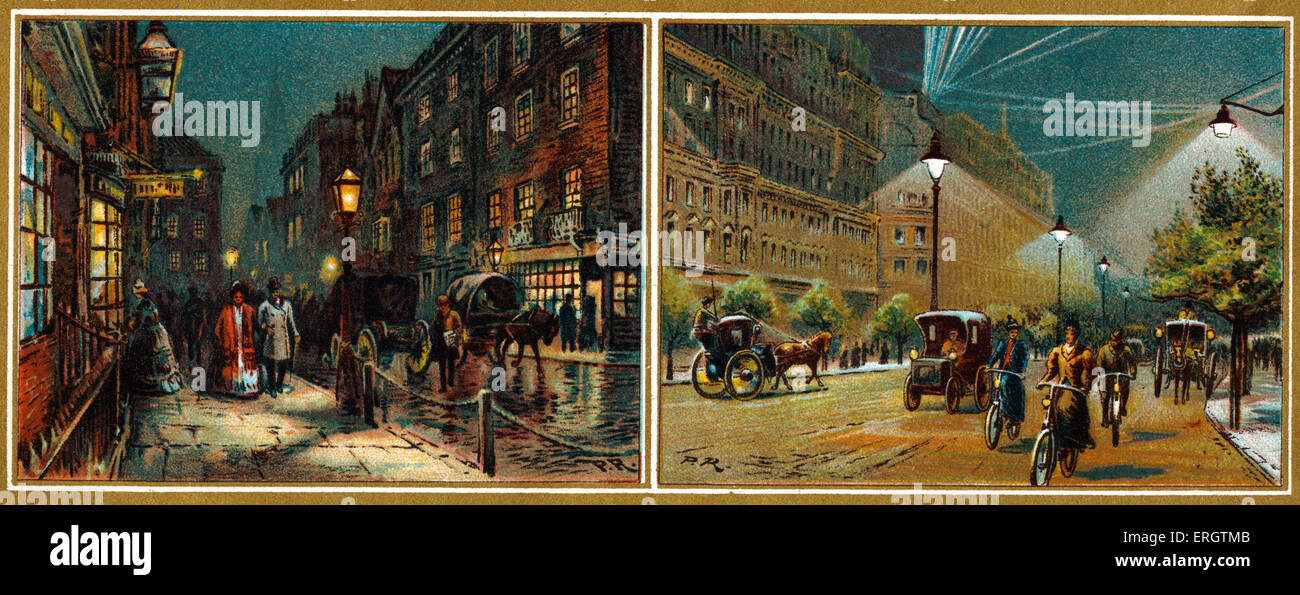 Wissenschaftlichen Fortschritt während der viktorianischen Ära - Straßenszenen in 1837 (links) und 1897 (rechts). Stockfoto