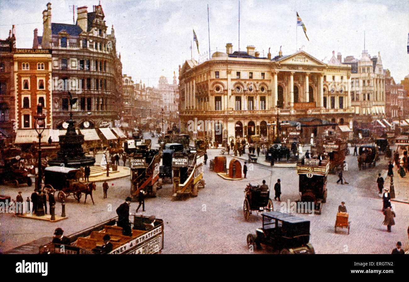 London - Piccadilly Circus mit Straßenbahnen, Autos, Pferdekutschen frühen 1900er Jahren. Fußgänger. Stockfoto