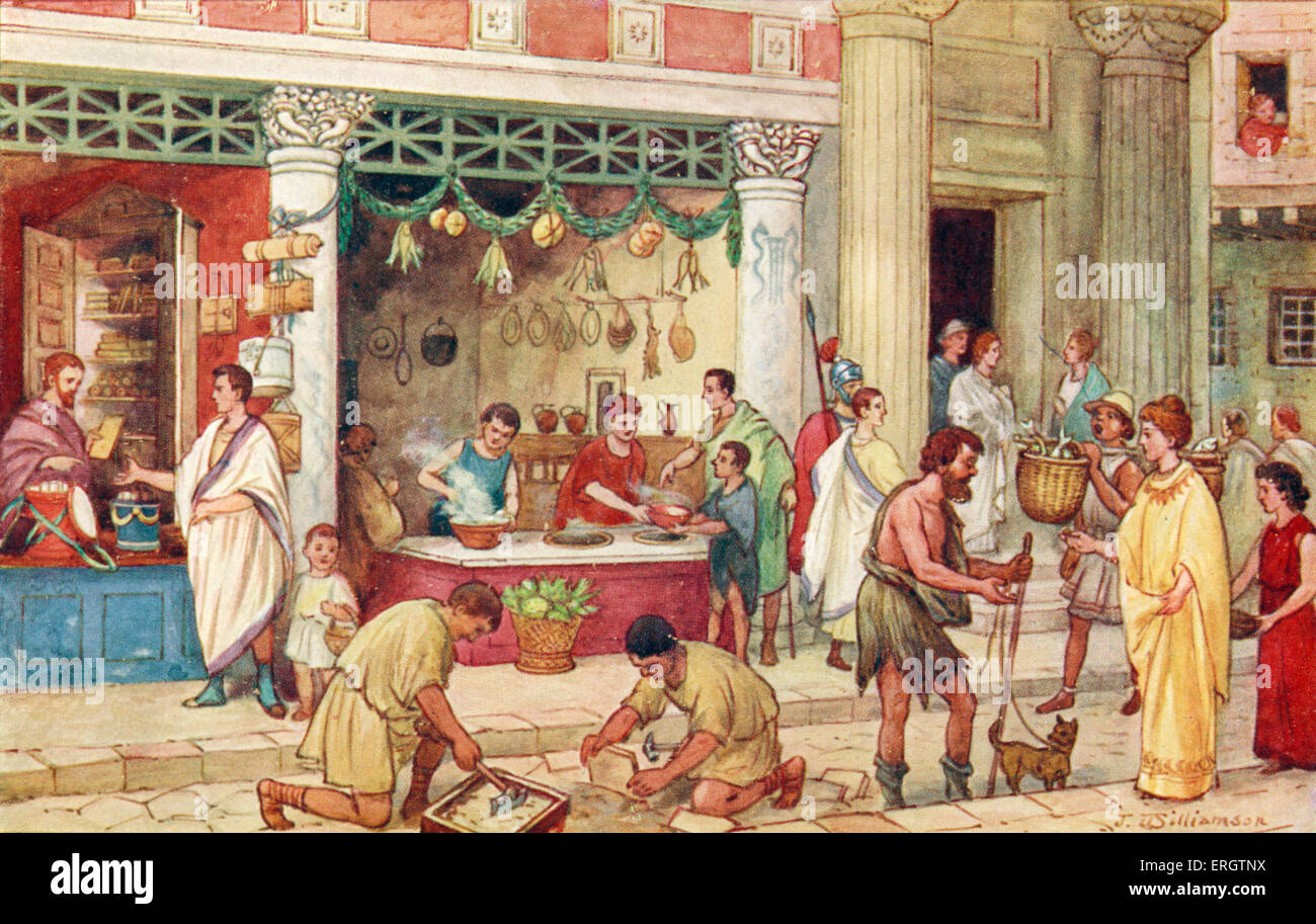 Das römische Reich - Straßenszene mit Anbietern. Produzieren Sie Römer, Lebensmittel, Handwerk, Markt, Buch-Verkäufer, Händler, Kaufleute, Wache, Stockfoto