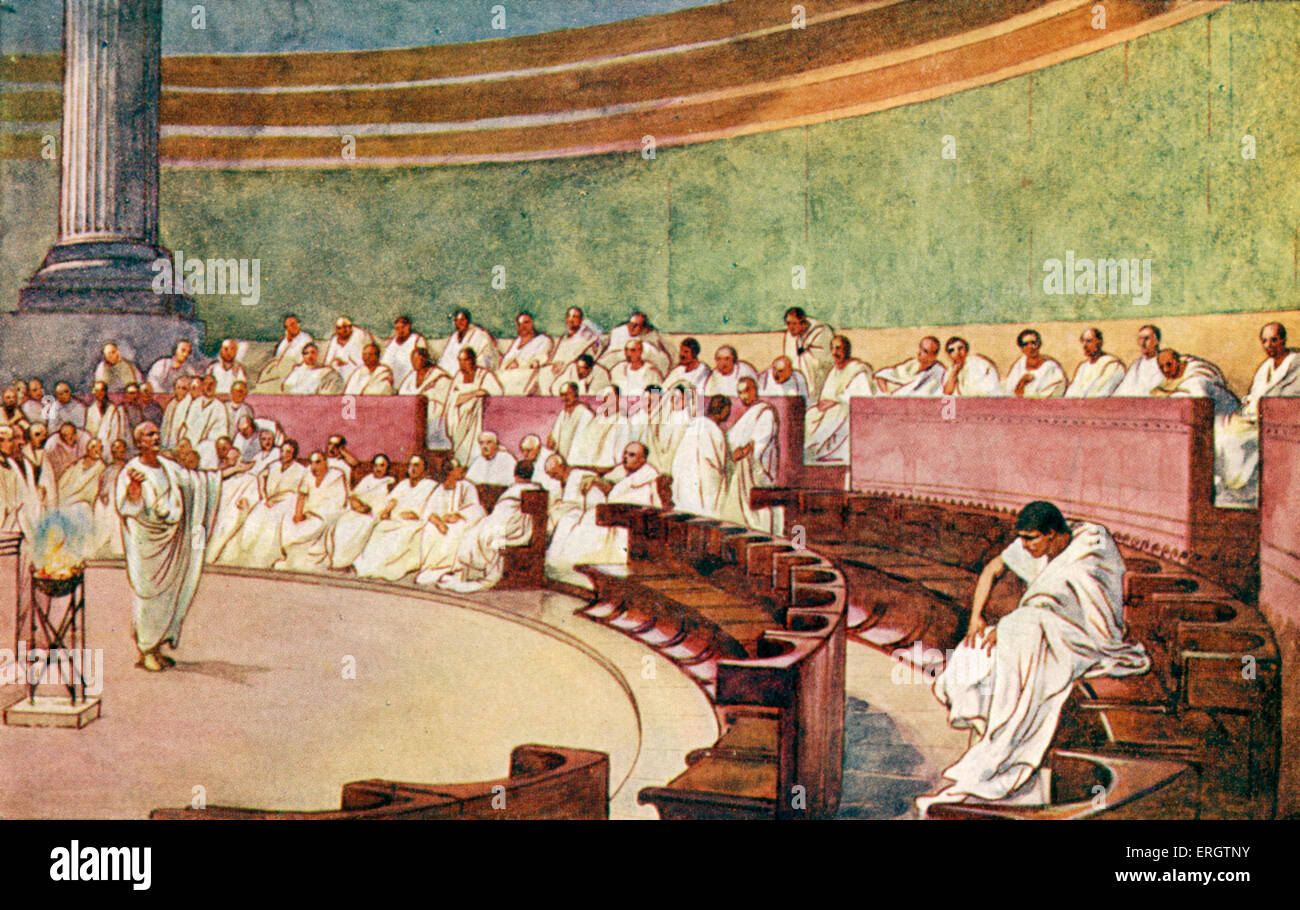 Das römische Reich - montiert der Senat in einem Tempel. Römer, weiße Tunika, Rat, Toga, Toga. Illustration von J Williamson. Stockfoto