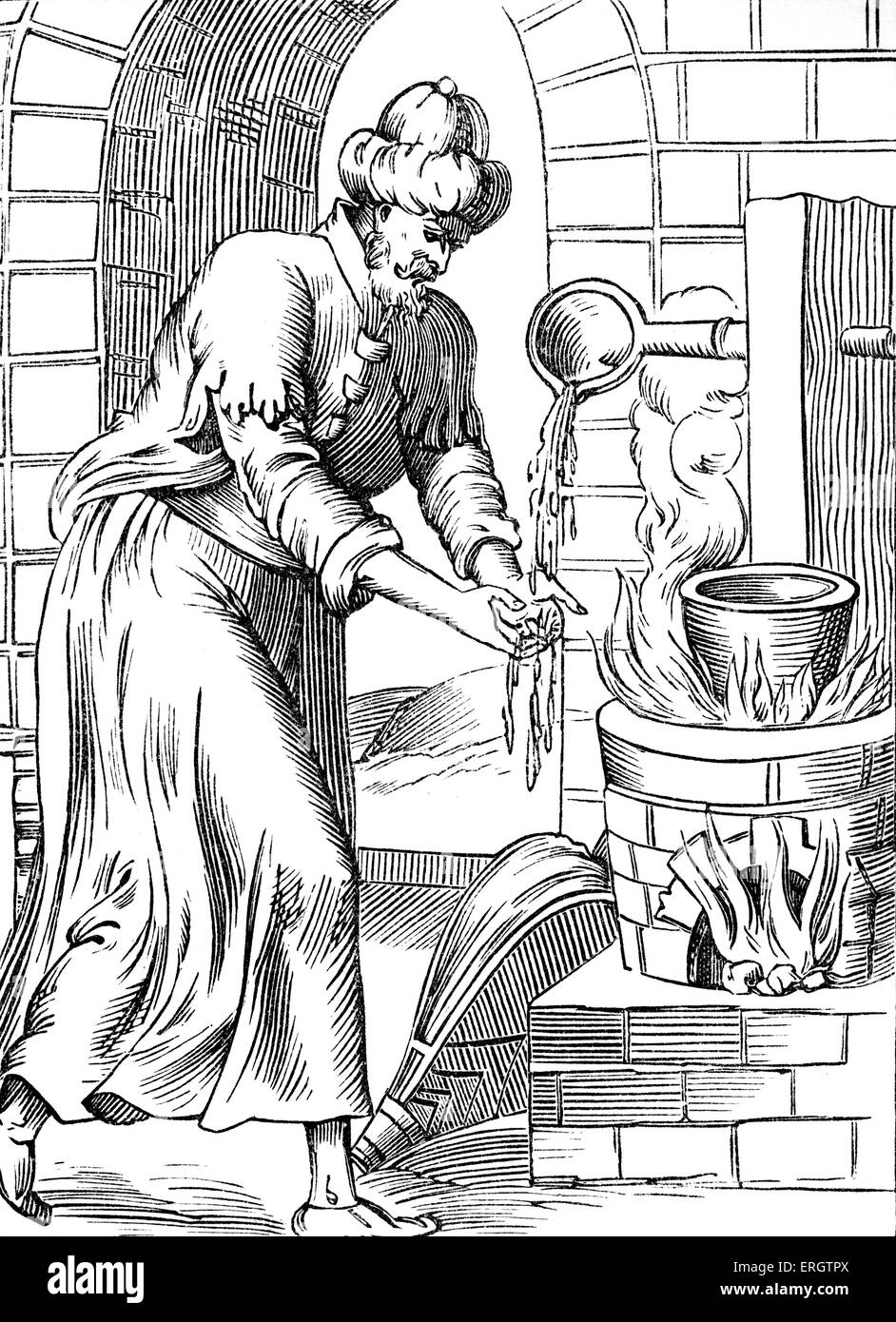 Gypsy Stereotyp - Gypsy Mann in geschmolzenes Blei, seine Hände zu waschen, wie im 16. Jahrhundert, 1560 glaubte.  . Vorurteil. Stockfoto