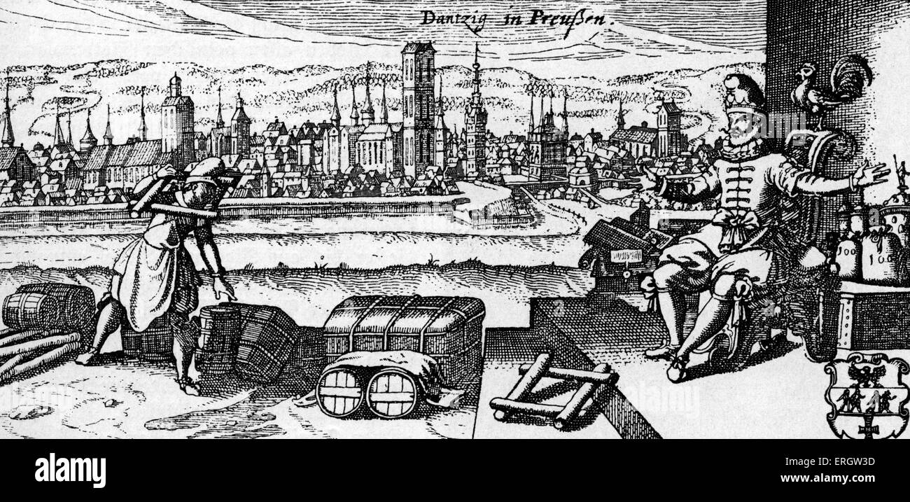 Danzig / Gdańsk - Blick auf die Stadt, c. 1700. Bildunterschrift lautet: "Danzig in Preussen" (Preußen, heute Polen).  Im Vordergrund: Stockfoto