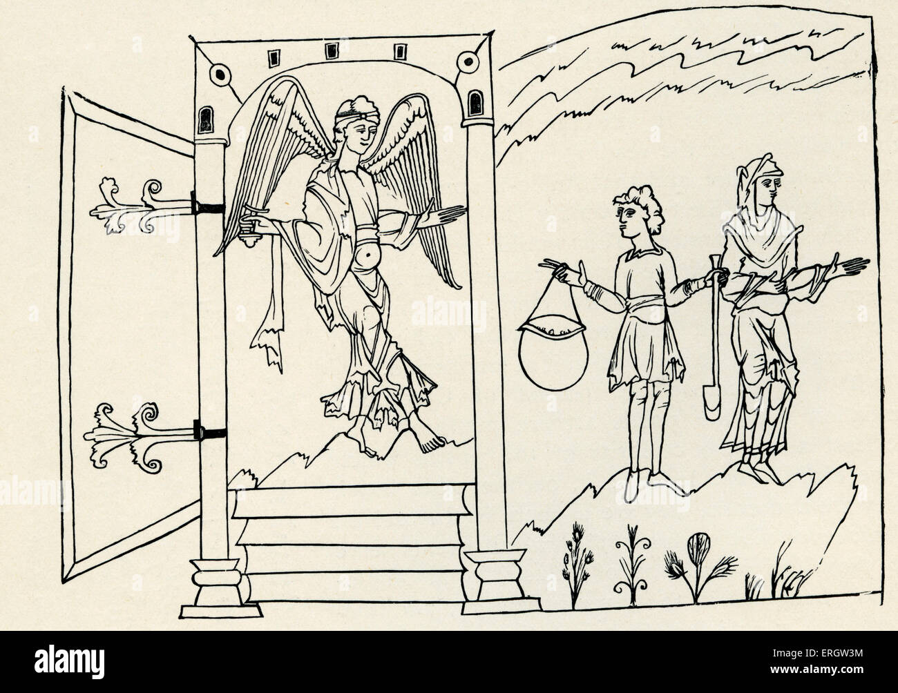 Vertreibung von Adam und Eva aus dem Paradies. Illustration aus dem 10. Jahrhundert "Caedmon Manuskript" in der Bodleian Library. Stockfoto