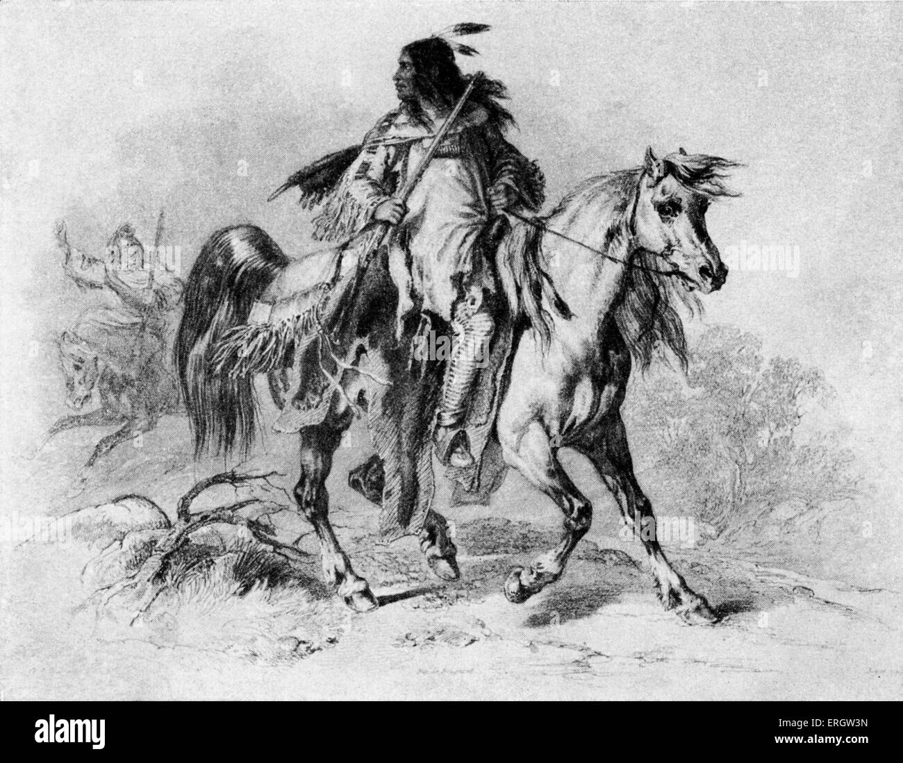 Blackfoot Indian / Native American - auf dem Pferderücken. Kupferstich nach Bodmer von Beyer. Stockfoto