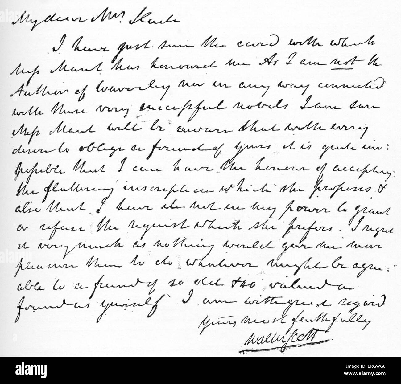 Brief von Sir Walter Scott an Frau Slade leugnen die Autorschaft des "Waverley", 1814. (Er schrieb "Autor von Waverley" anstelle seines Namens). Handschriftliches Manuskript unterzeichnet. WS: Schottischer Schriftsteller und Dichter, 15. August 1771 – 21. September 1832. Stockfoto
