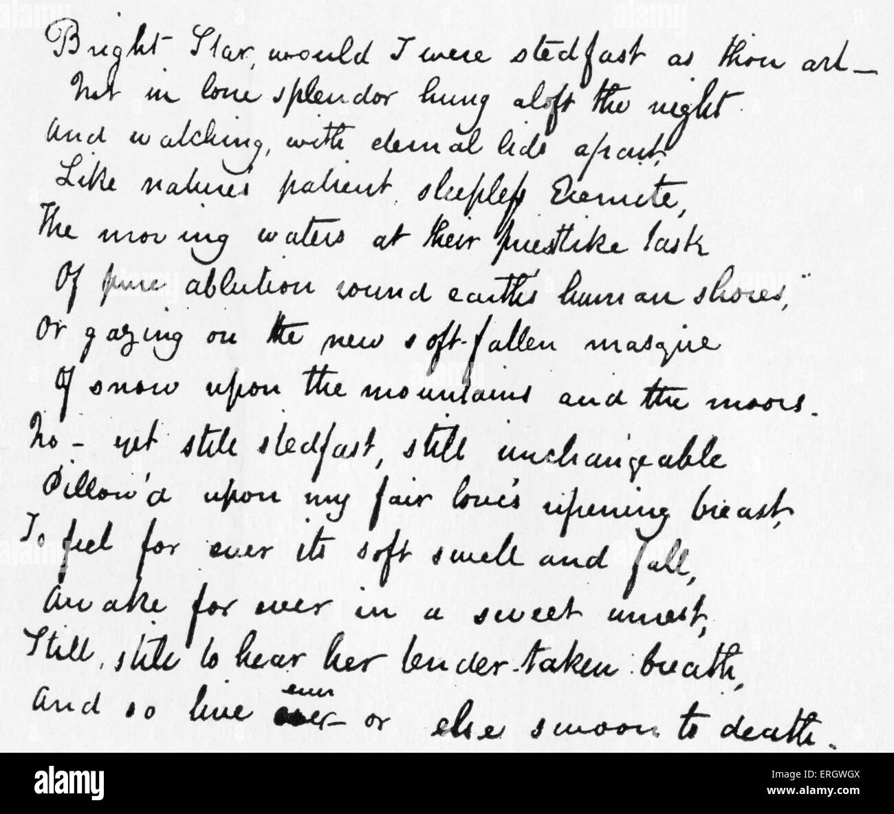"Letzten Sonett" von John Keats.  Gedicht beginnt: "heller Stern würde ich standhaft waren, wie du bist". Handschriftliches Manuskript.  JK: Stockfoto