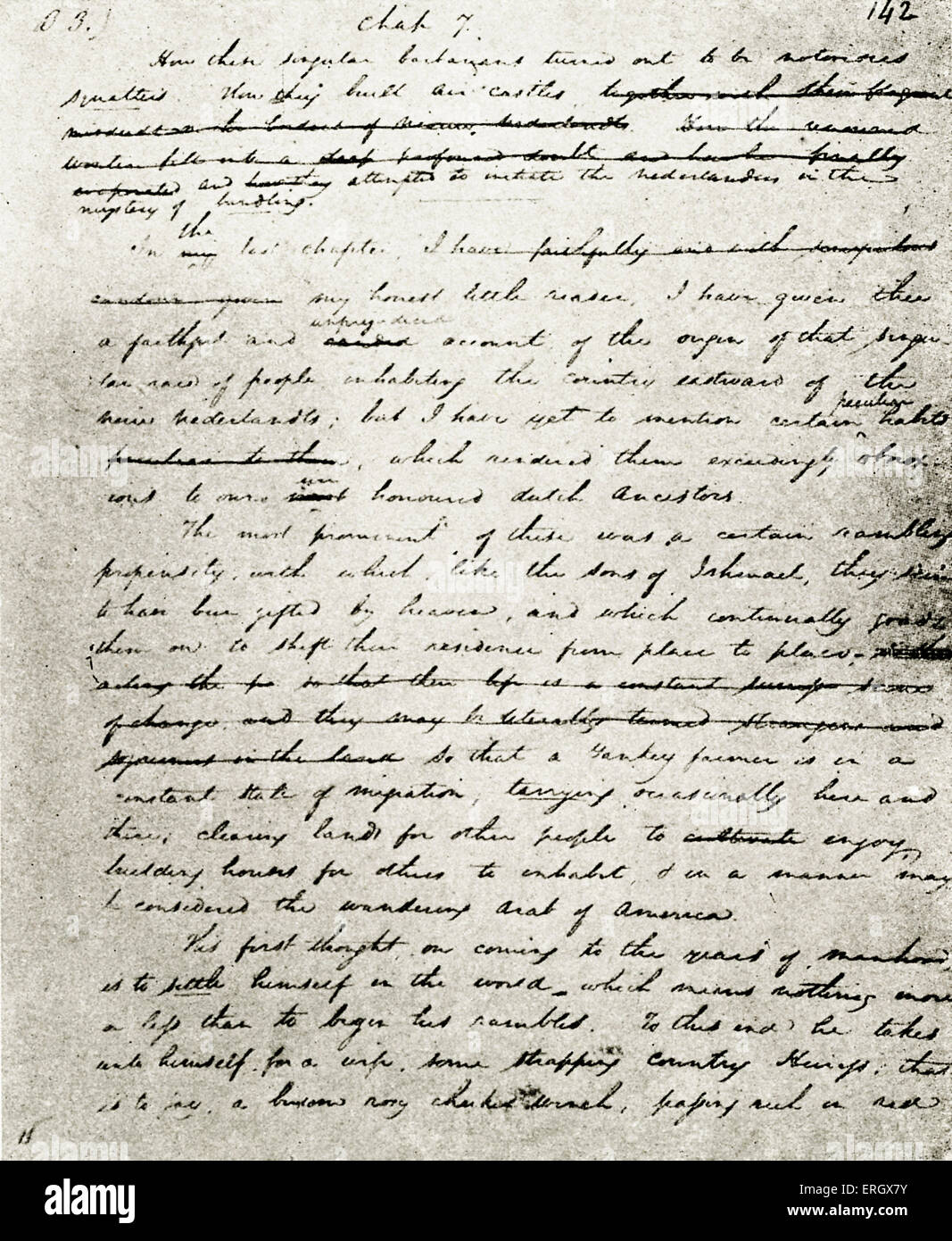 Washington Irving - handgeschriebene Seite aus Diedrich Knickerbockers "A History of New York" (1809). WI, amerikanischer Autor: 3 Stockfoto