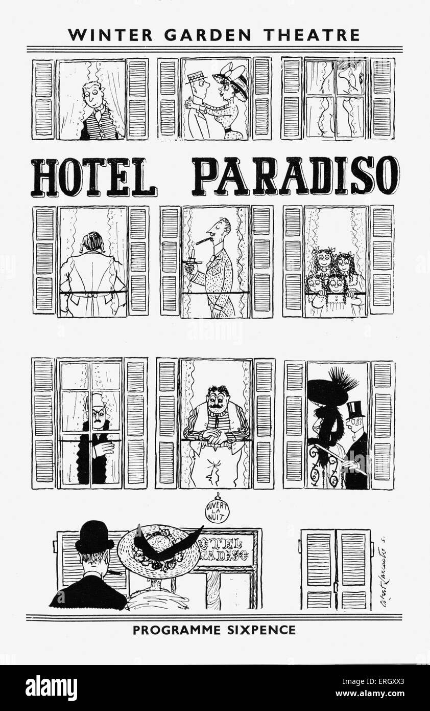 Hotel Paradiso' Programm Abdeckung, 1956: Wintergarten-Theater. Farce von Georges Feydeau und Maurice Desvallieres. Übersetzt von Peter Glenville. GF: Französischer Dramatiker der Epoche bekannt als La Belle Epoque, 8. Dezember 1862 - 5. Juni 1921. PG: Englischer Film und Theaterschauspieler und Regisseur, 28. Oktober 1913 - 3. Juni 1996. Stockfoto