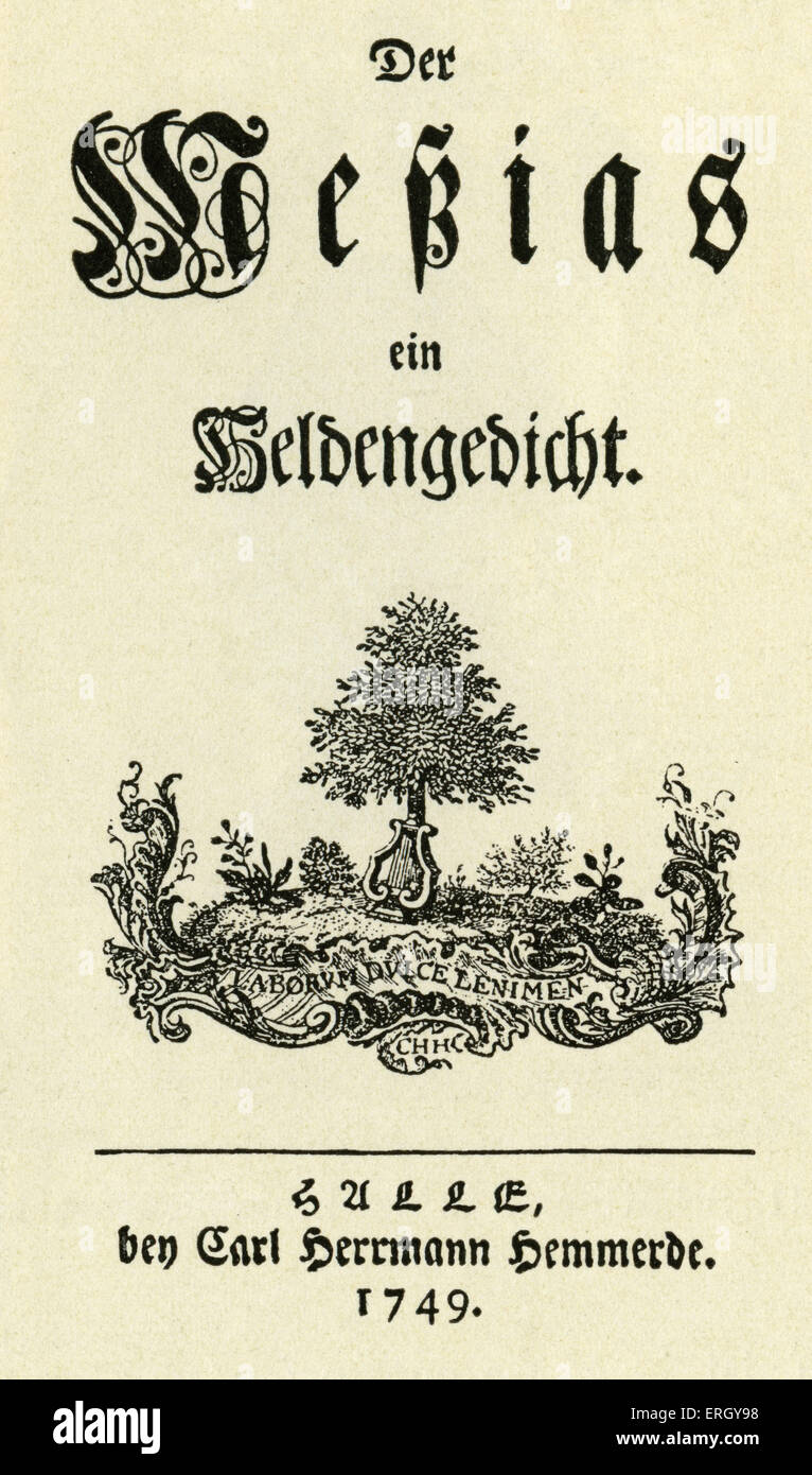 Messias / Messiah von Friedrich Gottlieb Klopstock, 1749. Titelblatt der Erstausgabe. Deutsche Dichter: 2. Juli 1724-14 März Stockfoto