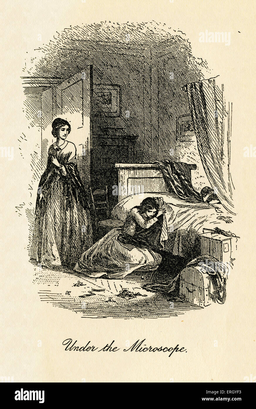 Little Dorrit von Charles Dickens. Illustriert von Hablot Knight Browne. (Phiz) Bildunterschrift lautet: "unter die Lupe genommen".  CD: Stockfoto