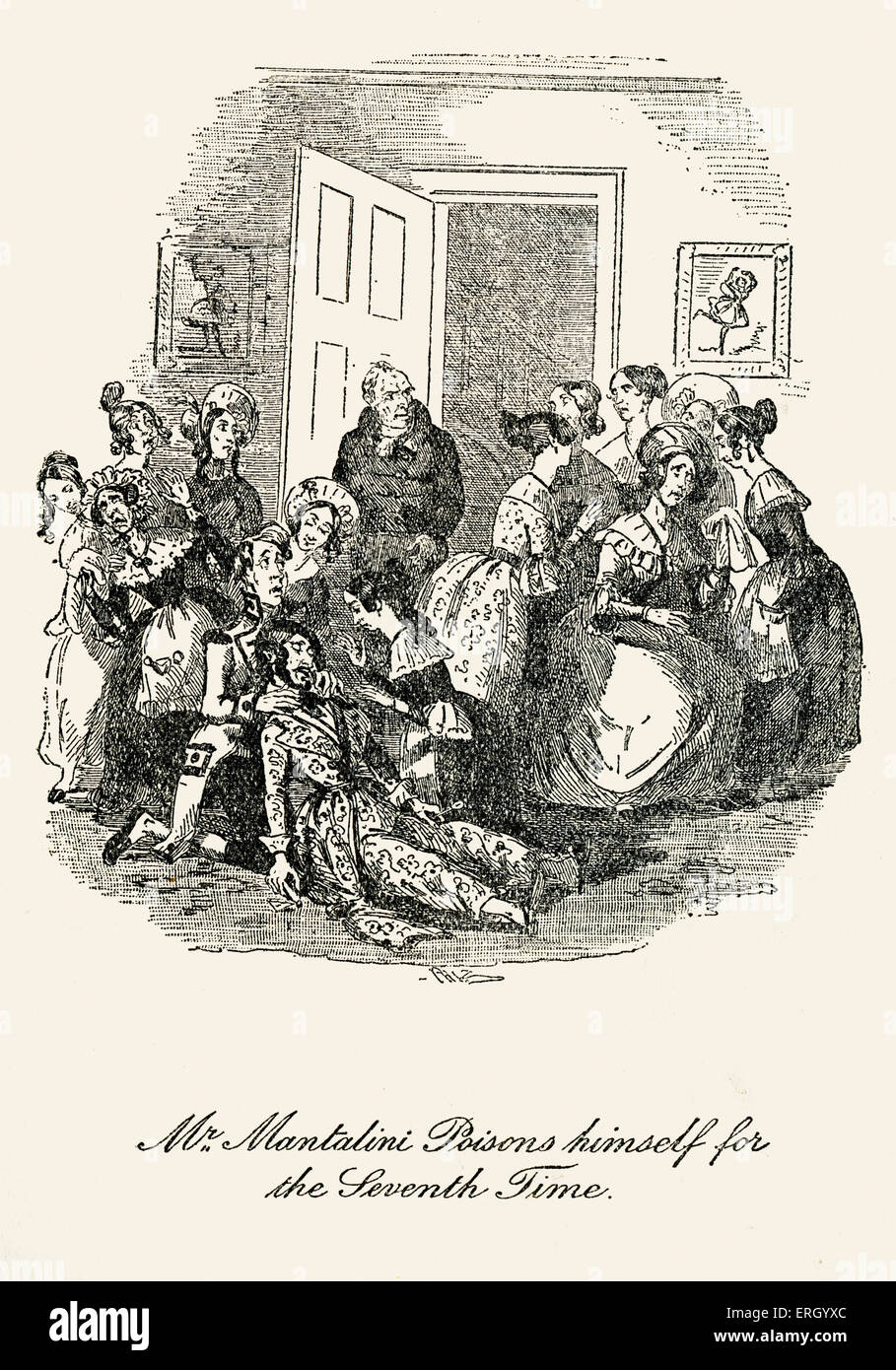 Charles Dickens 'The Life and Adventures of Nicholas Nickleby"Bildunterschrift lautet:" Herr Mantalini vergiftet sich selbst für die Stockfoto