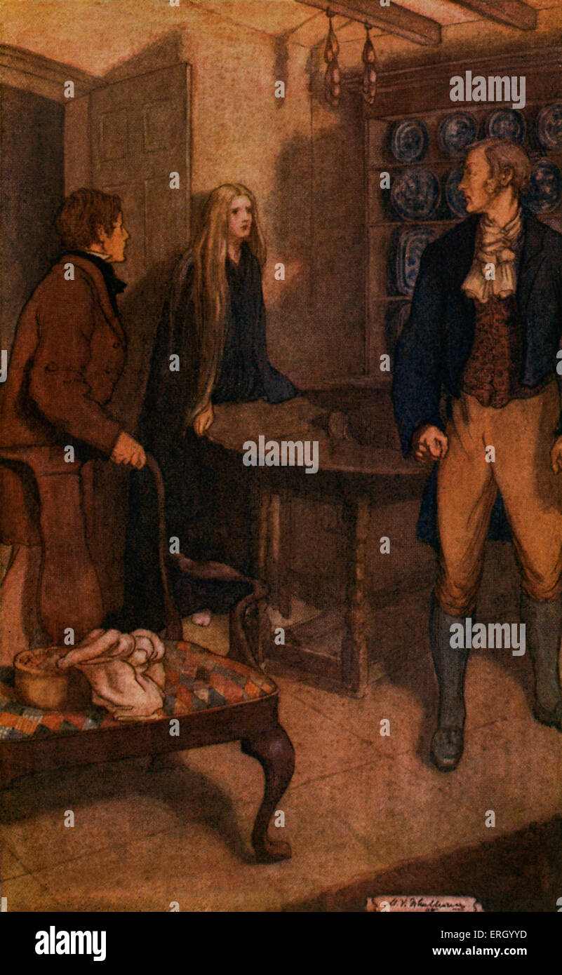 Cousin Phillis von Frau Gaskell. Zuerst veröffentlicht 1864. Bildunterschrift lautet: "sie kam sich sehr langsam auf den Tisch und legte ihre Hand Stockfoto