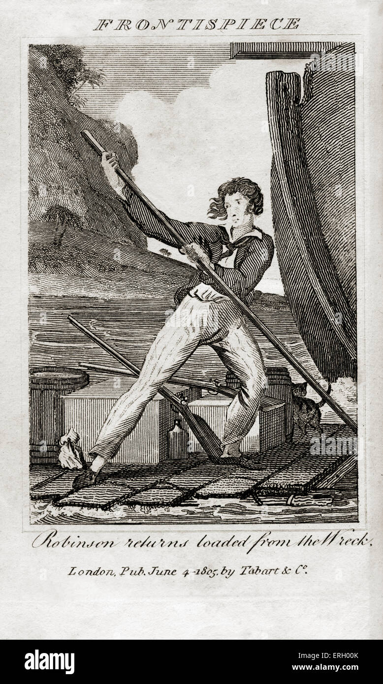Die Life & Abenteuer von Robinson Crusoe von Daniel Defoe.Frontispage "Robinson Returns geladen aus dem Wrack". Publiished Stockfoto