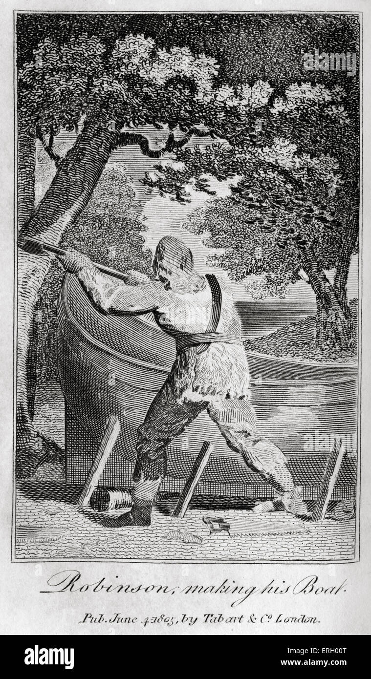 Die Life & Abenteuer von Robinson Crusoe von Daniel Defoe.Caption liest "Robinson macht sein Boot". Erste publiished Stockfoto