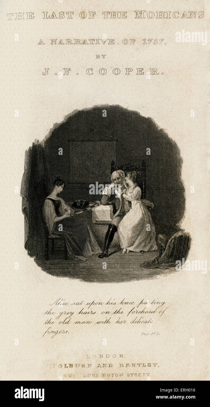Der letzte der Mohikaner; eine Erzählung von 1757 von James Fenimore Cooper. Titelseite, Bildunterschrift lautet: "Alice saß auf seinem Knie, Stockfoto