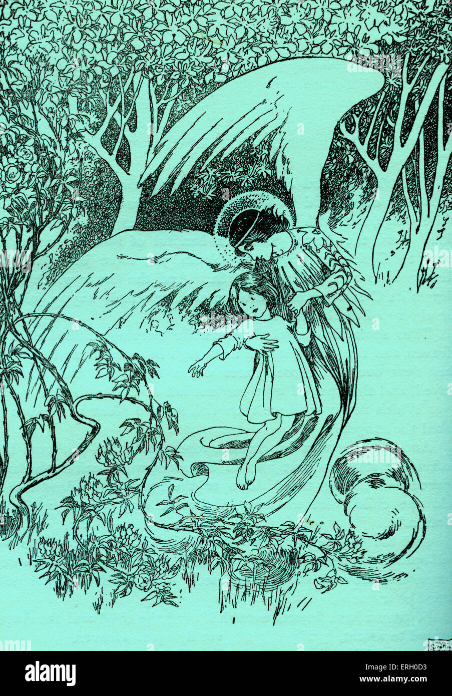 Andersens Märchen, der Engel. Bildunterschrift lautet: "armer Baum! Sagte das Kind. " (Engel und Kind in der Waldwiese). Stockfoto