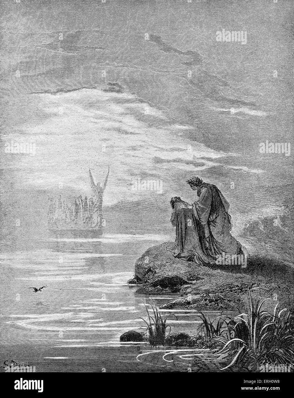 Dantes Fegefeuer, Teil seiner göttlichen Komödie. Illustration von Gustave Doré. Bildunterschrift: Dann wenn er wusste, dass der Pilot laut geweint, Stockfoto