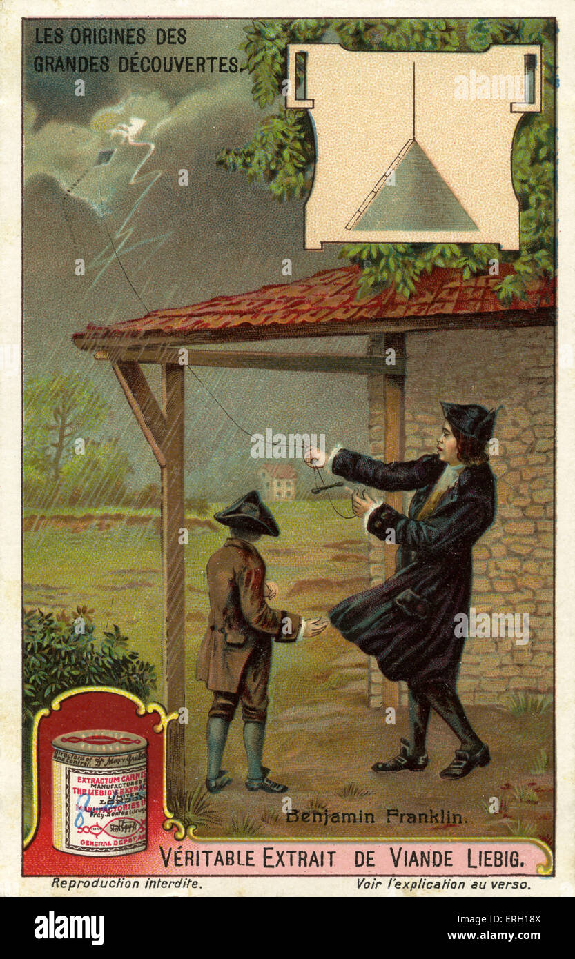 Benjamin Franklin erfand den Paratonnerre - Blitzableiter.  Wie die Wolke nähert sich Franklin erstreckt sich unter der Wolke. Stockfoto
