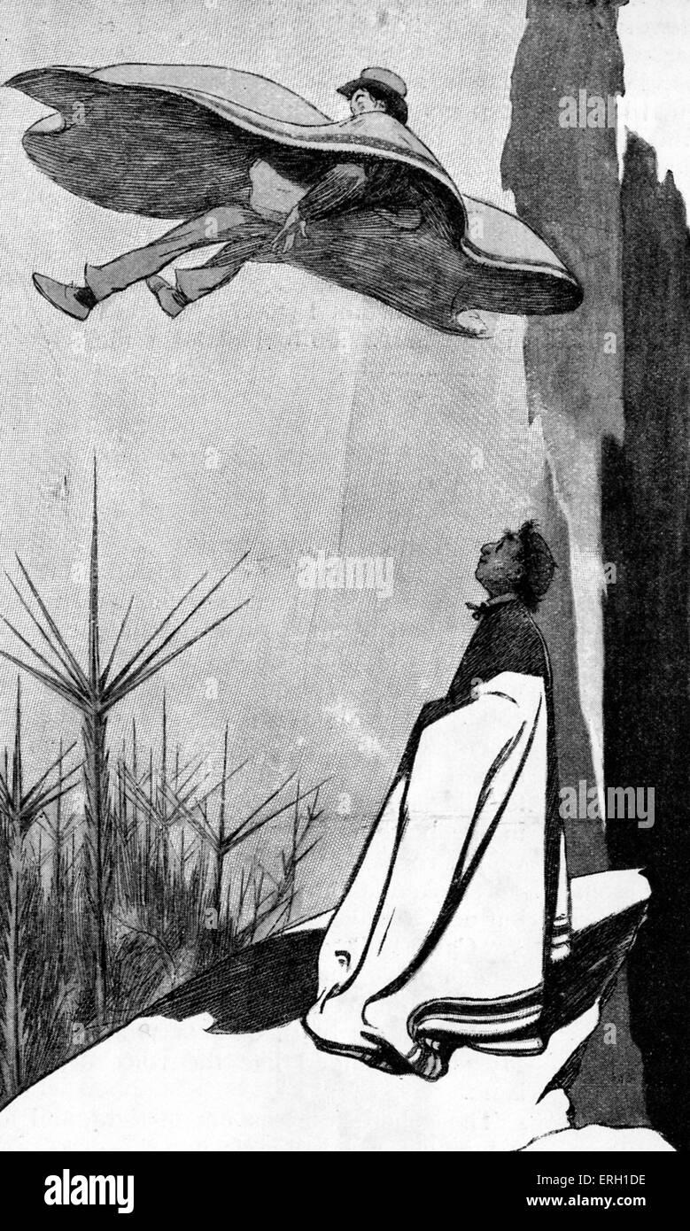 Der erste Mensch auf dem Mond von h.g. Wells. "Ich erkannte meinen Sprung zu heftig gewesen." Abbildung, in denen der Erzähler fliegt Stockfoto