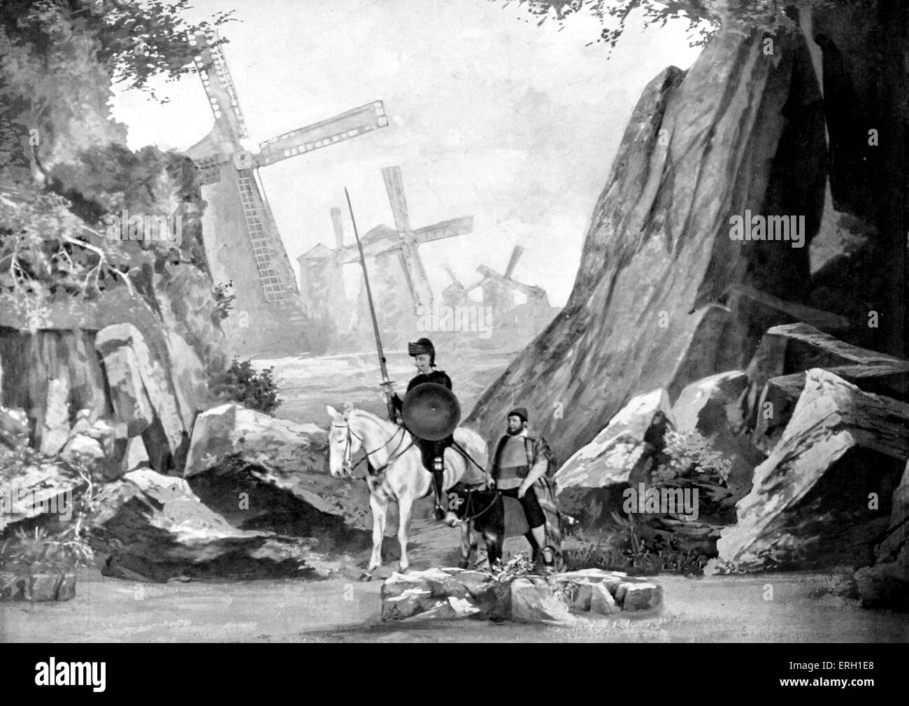 Don Quijote / Quichotte und Sanhco Panza mit der Windmühle im Hintergrund. Don Quichotte von Jean Richepin auf Comedie Stockfoto