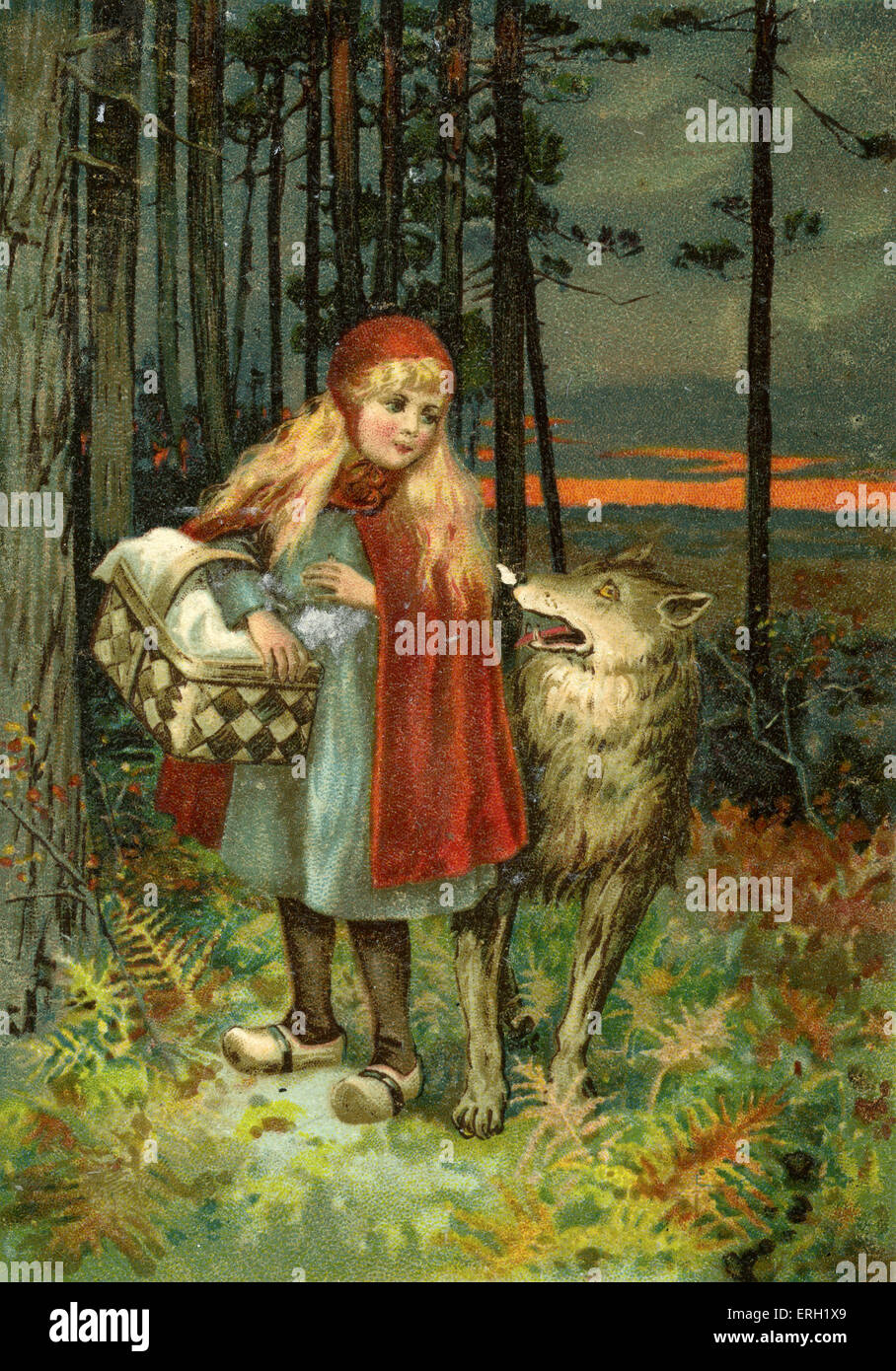 Little Red Riding Hood zu Fuß durch den Wald und treffen den Wolf. . Grimm-Brüder-Geschichte. Deutsche Abbildung. Stockfoto