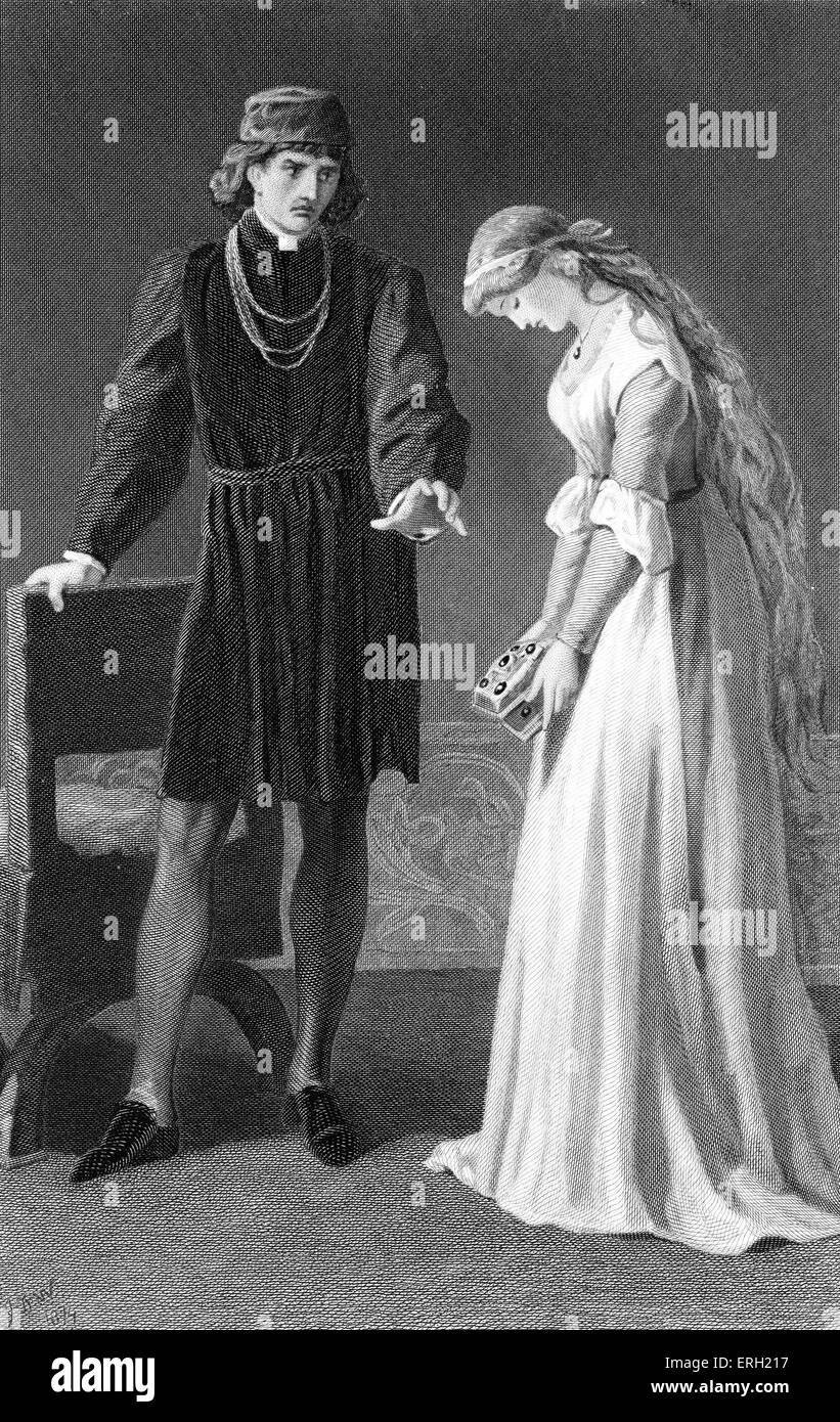 Hamlet (Akt III, Szene 1) von William Shakespeare zu spielen. Hamlet und Ophelia. "Hamlet:"Ich liebte Sie nicht." Ophelia: "Ich war mehr getäuscht." Gemalt von J D Watson, gravierte S Smith. William Shakespeare, englischer Dichter und Dramatiker, getauft 26. April 1564 – 23. April 1616. Stockfoto
