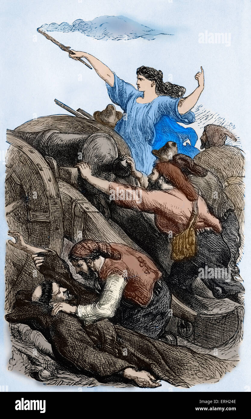 George Gordon Byron / Lord Byron - Darstellung einer Szene aus dem Gedicht "Childe Harold" des englischen Dichters. "ihr Geliebter sinkt - sie wirft keine unzeitigen Träne; Ihr Chef wird getötet - sie füllt seine tödliche Post. " Krieg, Kanone, Kampf, Tod. Farbausführung Version. Lord Byron: 22. Januar 1788 - 19. April 1824. Ein Childe ist ein junger Mann, der ein für die Ritterschaft Kandidat. Berlioz Verbindung: seine Symphonie "Harold in Italien" ist inspiriert von diesem Gedicht. Stockfoto