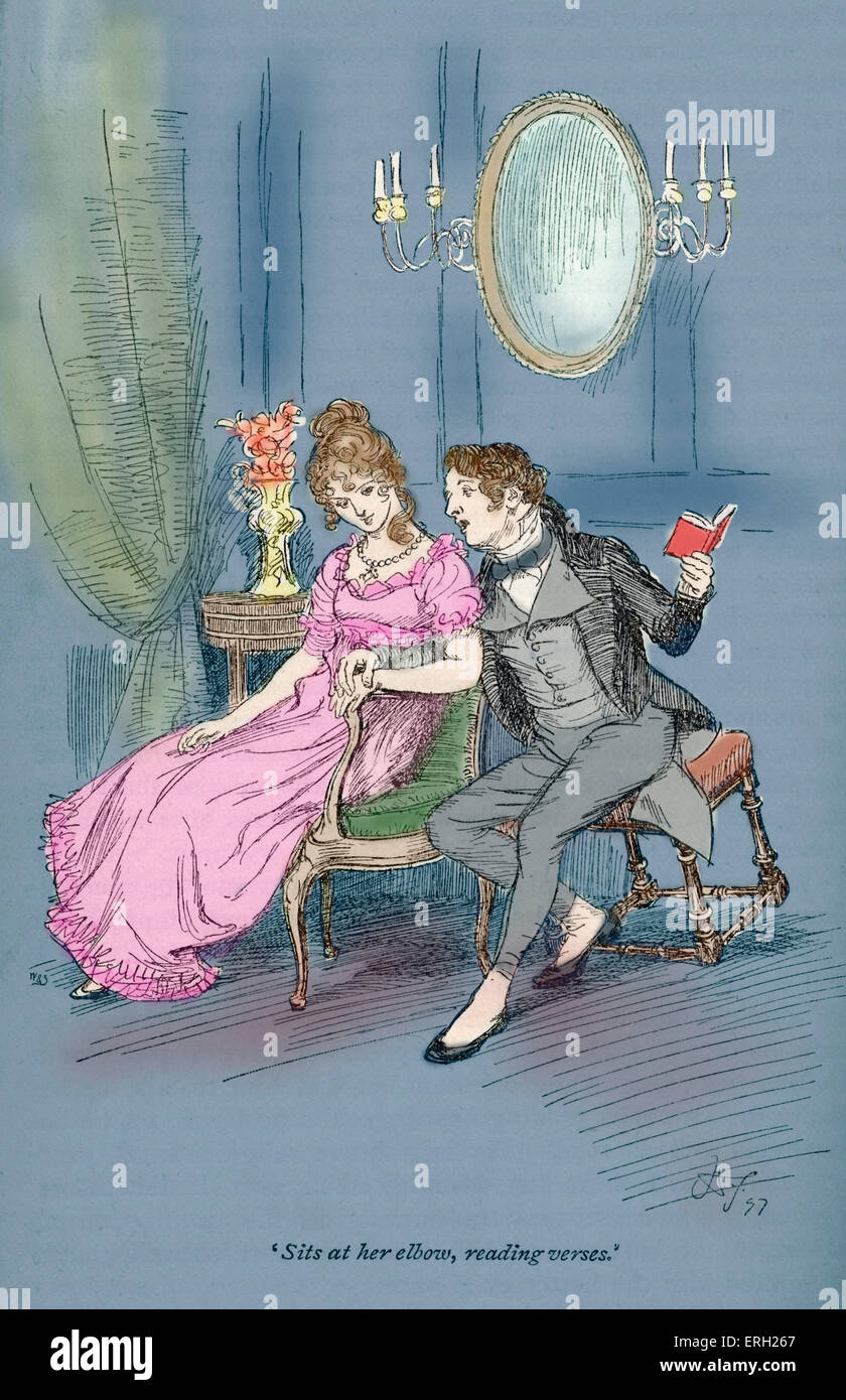 Jane Austen' s Roman "Persuasion" - 1816 und 1818 veröffentlicht.  Bildunterschrift lautet: "Sitzt an ihrem Ellenbogen Verse lesen", Stockfoto