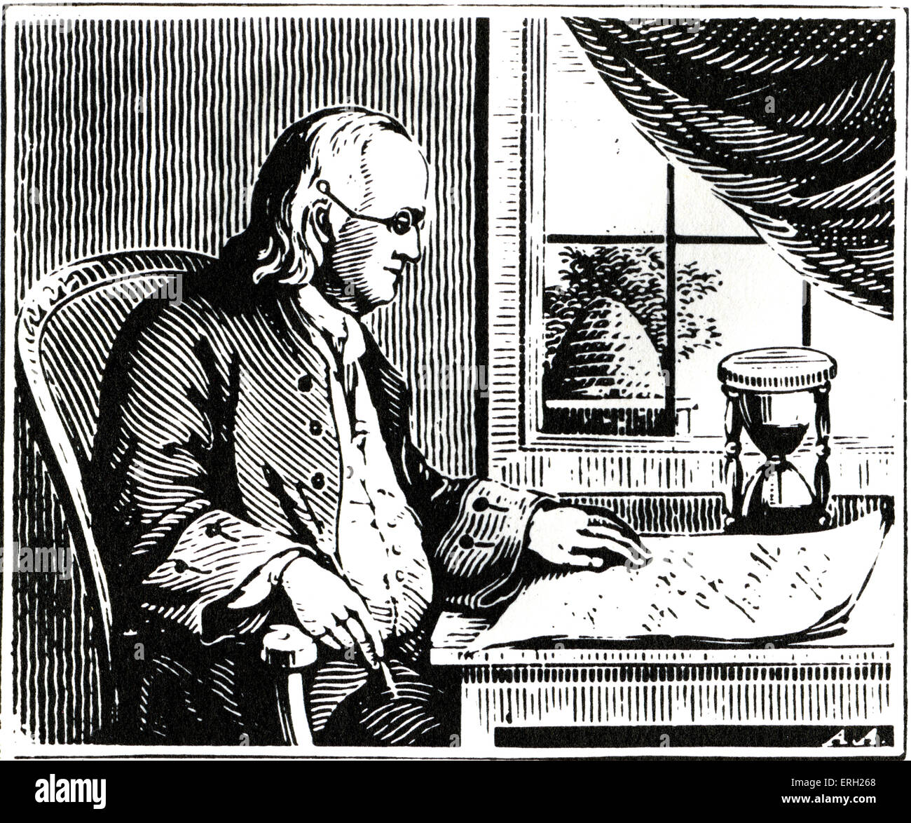 Benjamin Franklin seine Autobiographie zu schreiben. Amerikanischen Gründervater 17. Januar 1706 [O.S 6. Januar 1705] – 17. April 1790 Stockfoto