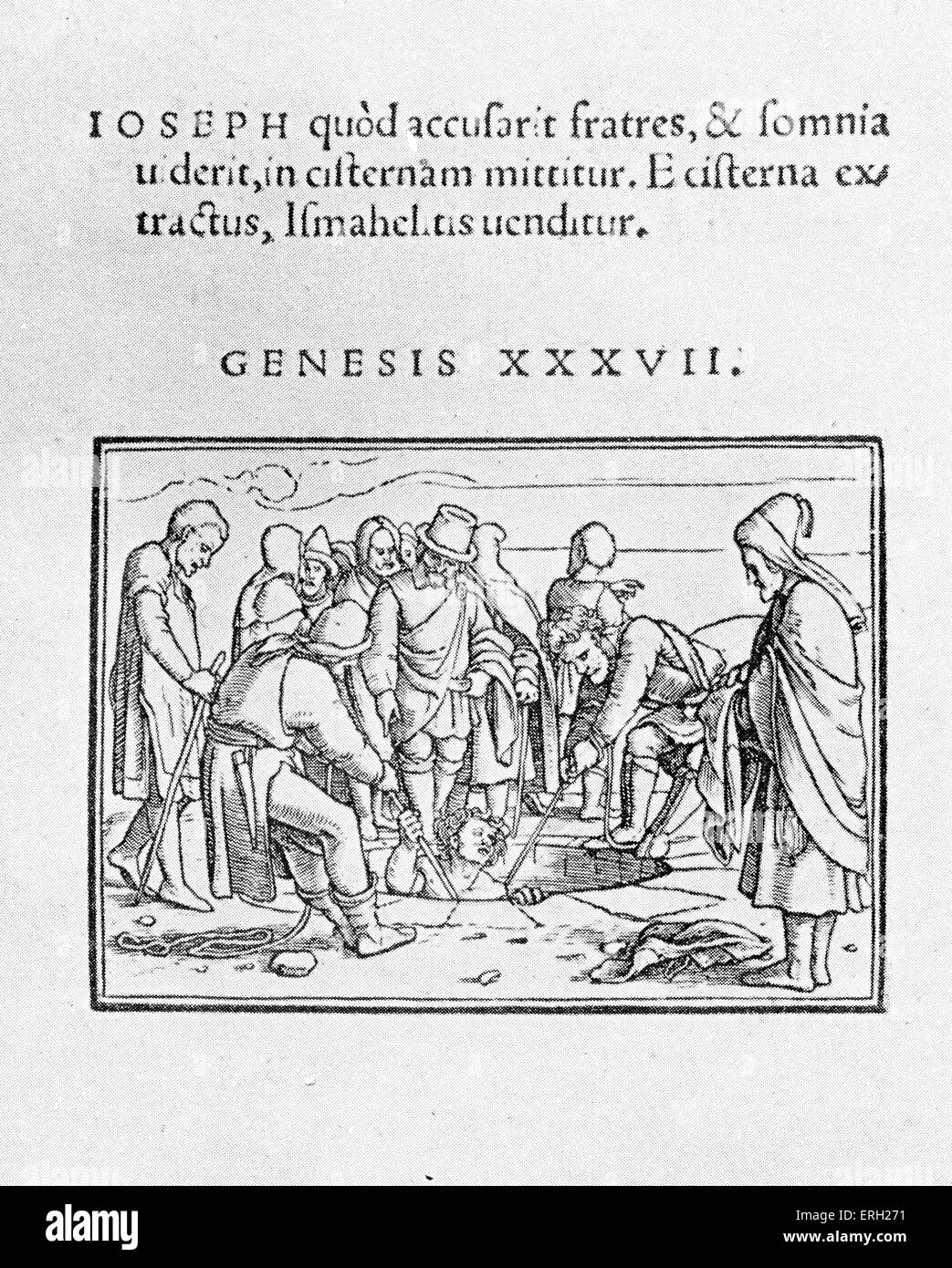 Joseph von seinen Brüdern in die Grube geworfen.  . Holzschnitt von Luetelburger nach Holbein.  Von Historiarum Veteris instrumenti Stockfoto