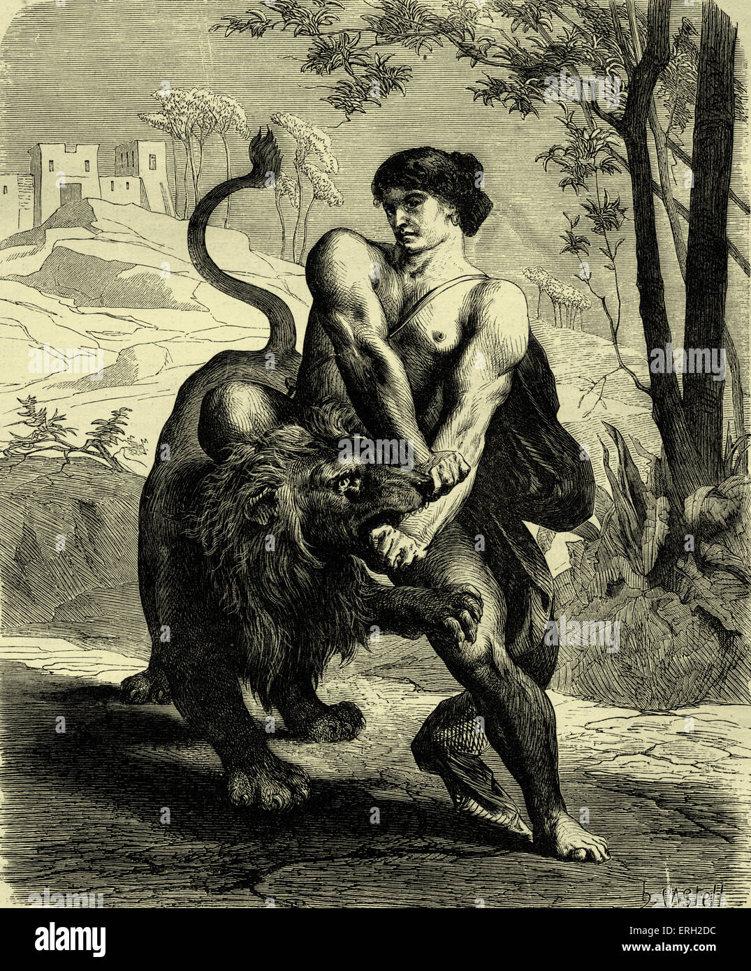 Samson und der Löwe. Ende des 19. Jahrhunderts Darstellung Samson kämpfen und ein Löwe zu besiegen. Buch des alten Testaments Stockfoto