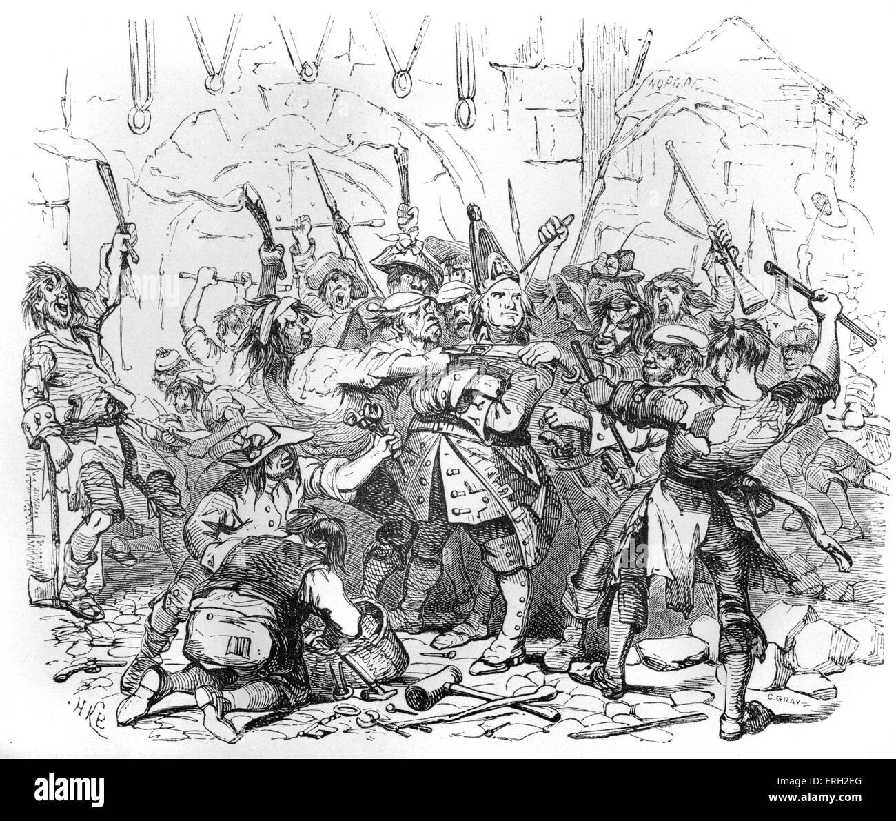 Charles Dickens "Barnaby Rudge". Bildunterschrift lautet: "Der Schlosser am Gefängnis-Tor".  Illustration von Phiz (H K Browne). Stockfoto