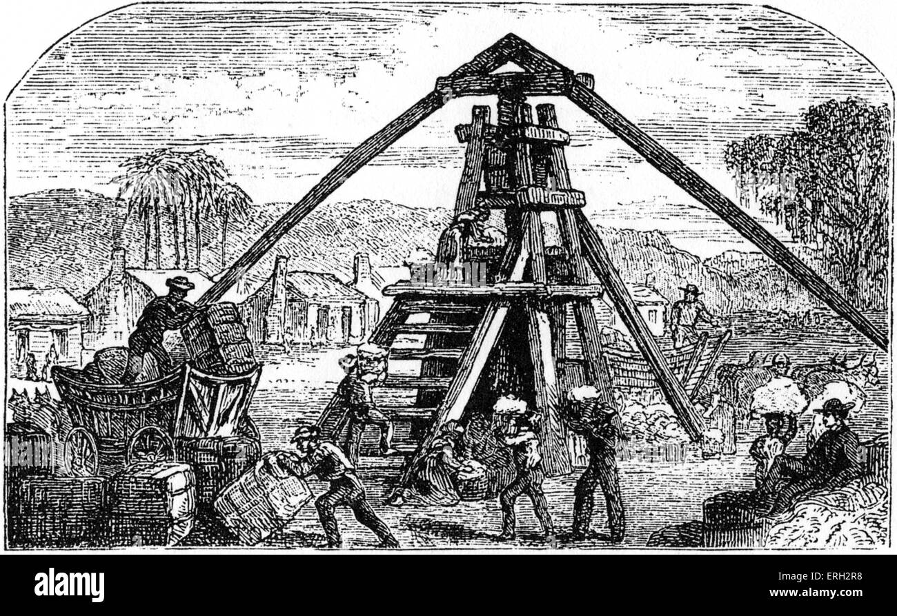 Afroamerikanischer Sklaven Baumwolle-Ballen Pressen im Süden, 19. Jahrhundert. Stockfoto