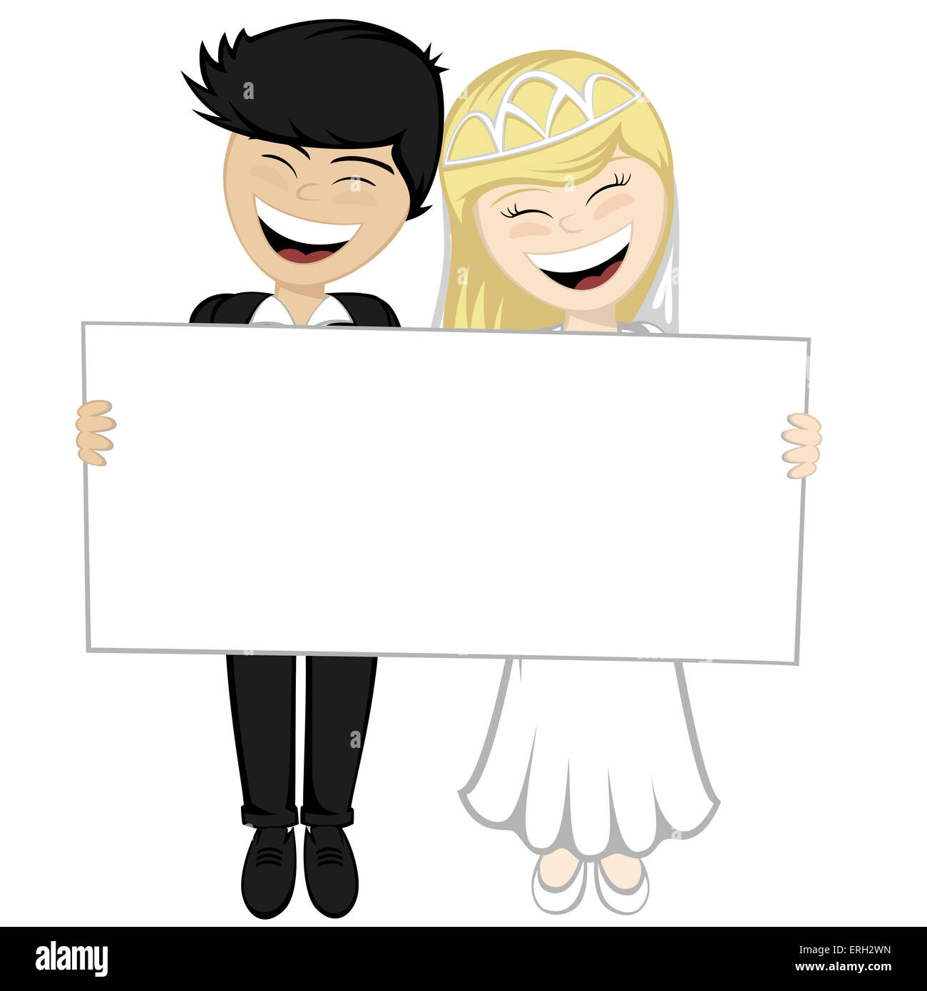 Glückliche Brautpaar Lächeln - eine schöne blonde Braut und ein schwarzen Haaren Bräutigam Anzug halten eine große Tafel Stockfoto