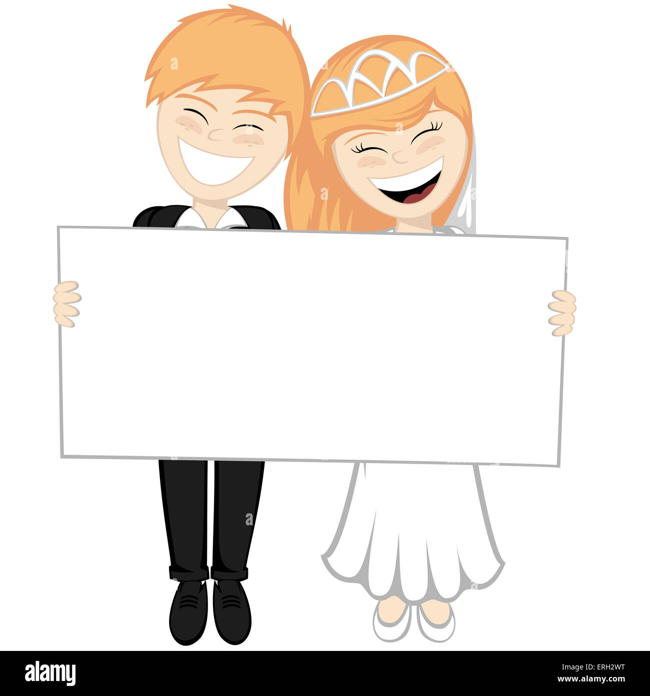 Glückliche Brautpaar Lächeln - eine schöne Ingwer Braut und Bräutigam halten eine große Tafel Stockfoto