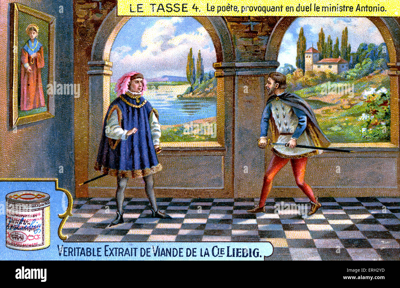Torquato Tasso provoziert eine Duell mit Minister Antonio. Werbung für Liebigs Fleisch extrahieren, 'Le Tasse' Serie veröffentlicht Stockfoto