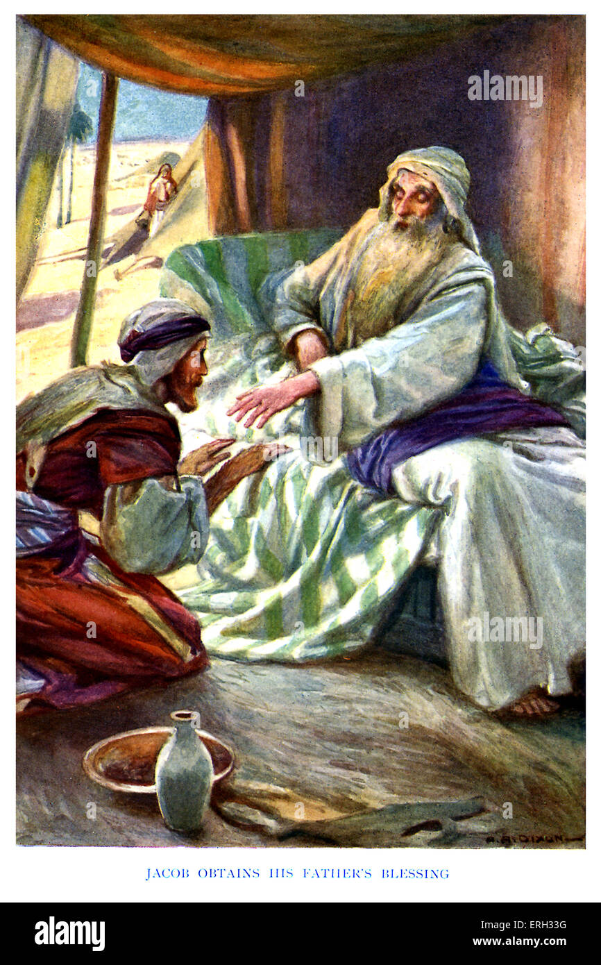 Esau und Jakob - Bildunterschrift lautet, "Jacob erhält väterlichen Segen."  Genesis Kapitel 27: "Er segnete ihn und sprach:" siehe, Stockfoto