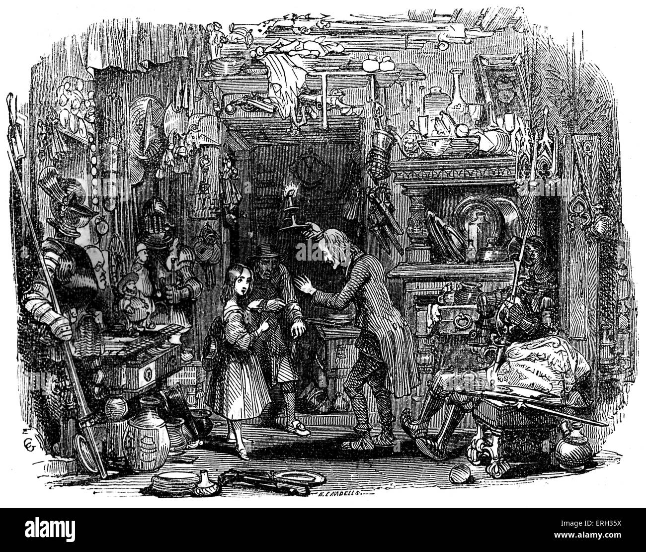 Charles Dickens 'die Old Curiosity Shop". Zuerst veröffentlicht 1841. Nell Trent und ihrem Großvater in den alten Neugier Shop - Kapitel I. Illustration von George Cattermole (1800-1868). CD: Englischer Schriftsteller 7. Februar 1812 – 9. Juni 1870 Stockfoto