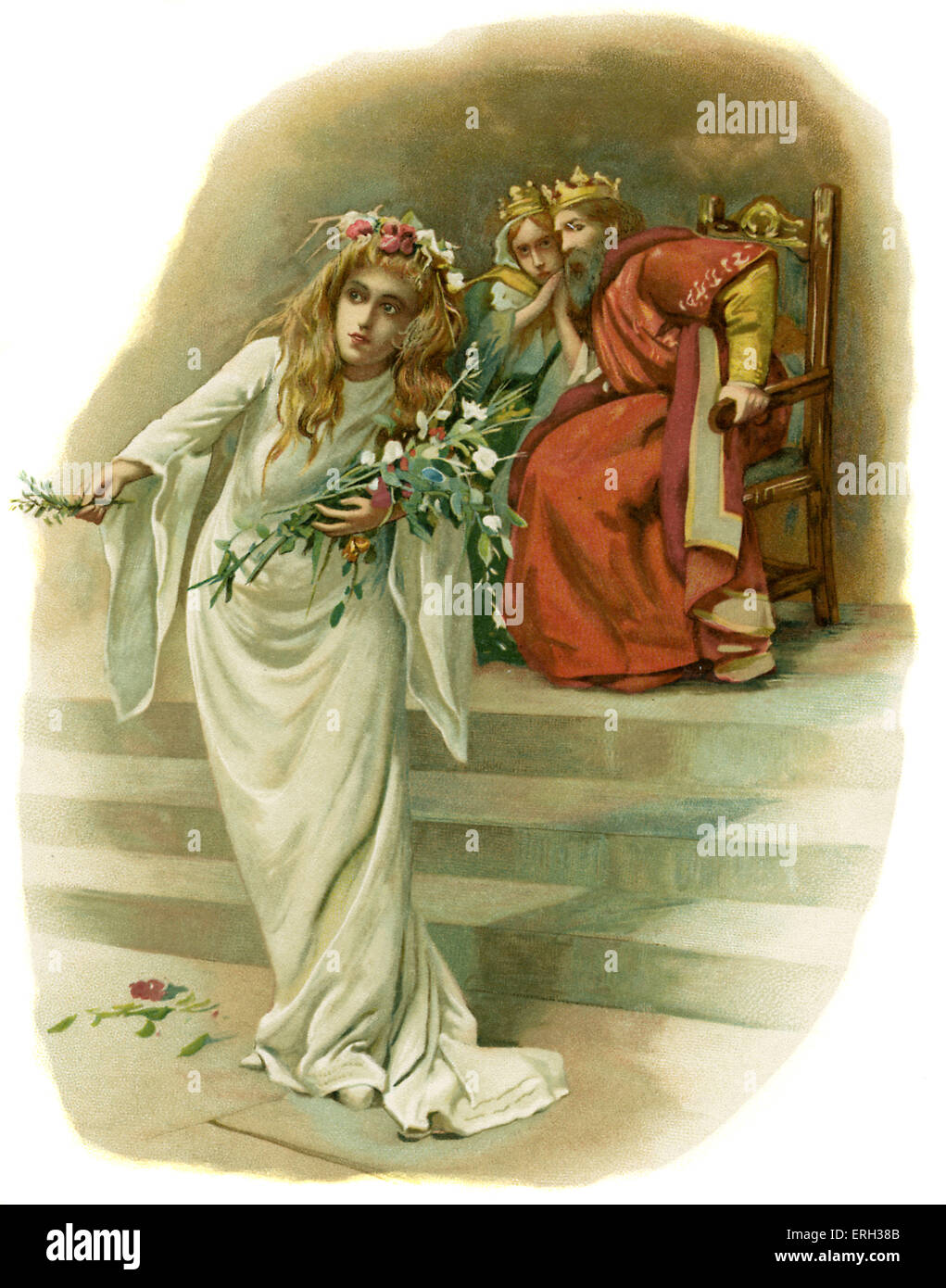 Ophelia, wahnsinnig vor Trauer, gibt Kräuter und Blumen in ihrer Not an den Tod ihres Vaters in Hamlet, Prinz von Dänemark von Stockfoto