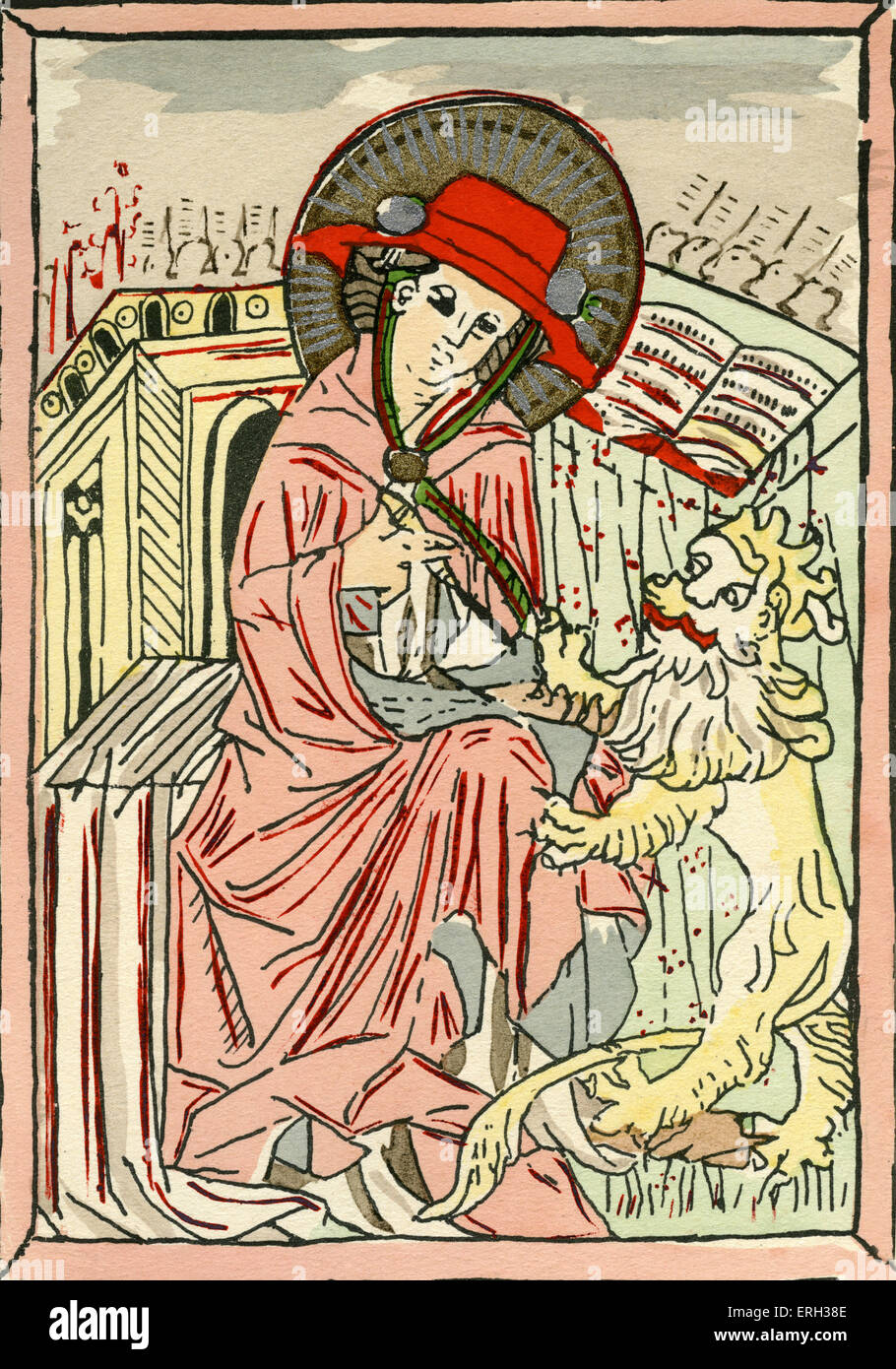 St. Hieronymus in der Tracht eines Kardinals mit seiner Ikonographie; ein Löwe und Schreibmaterial.  Auch bekannt als der Heilige Hieronymus. Stockfoto
