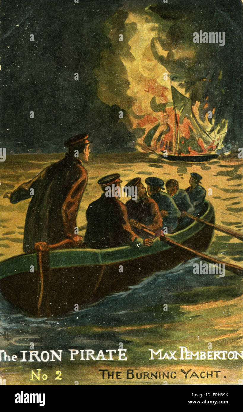 Max Pemberton "The Iron Pirate", veröffentlicht 1893.  Beschriftung für Nr. 2 "Die brennenden Yacht".  Matrosen r. gegen ein brennendes Stockfoto