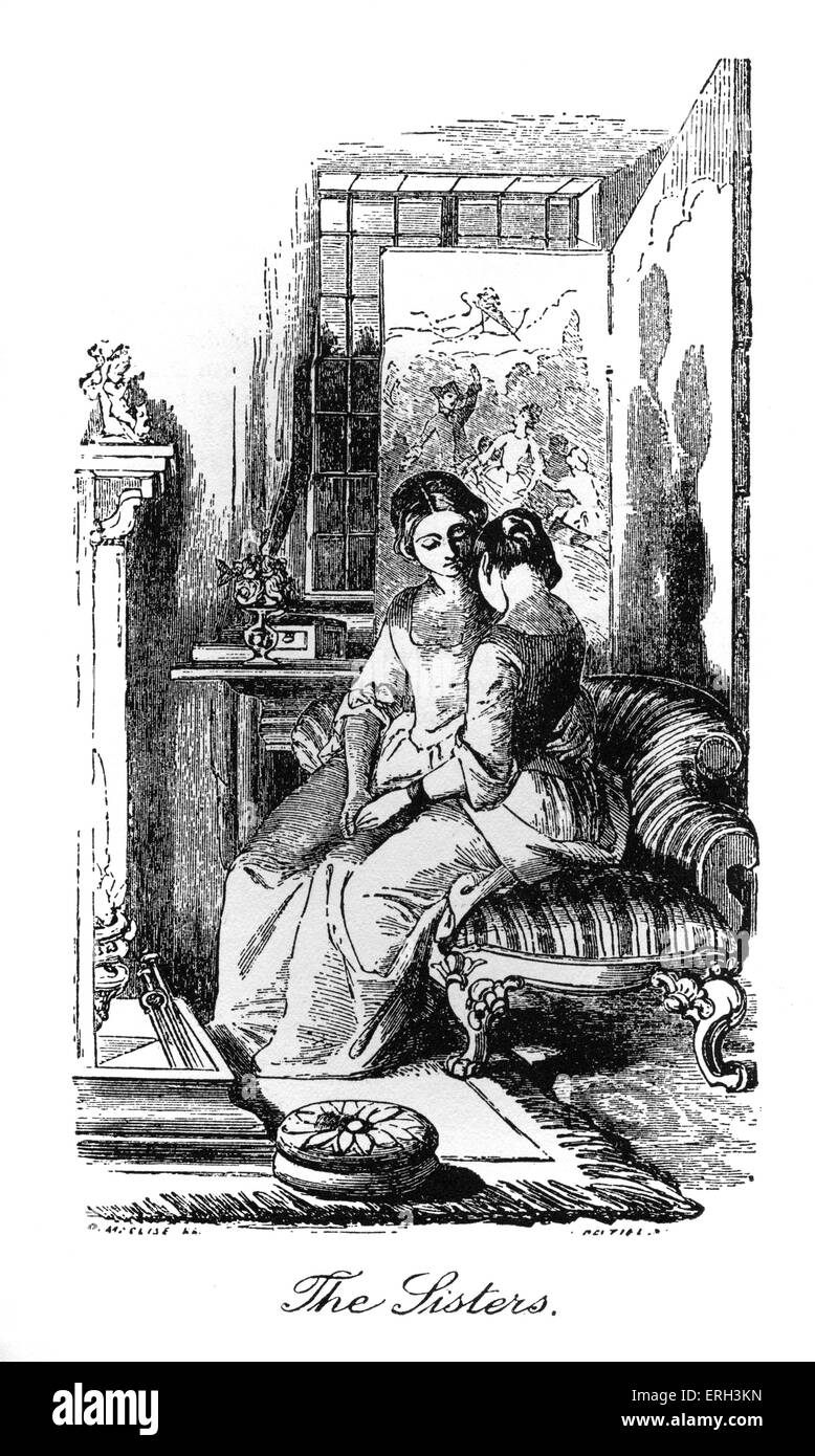 The Battle of Life von Charles Dickens, veröffentlicht im Jahr 1846. Bildunterschrift lautet: "Die Schwestern". Gnade und Marion Jeddler sitzen durch die Stockfoto