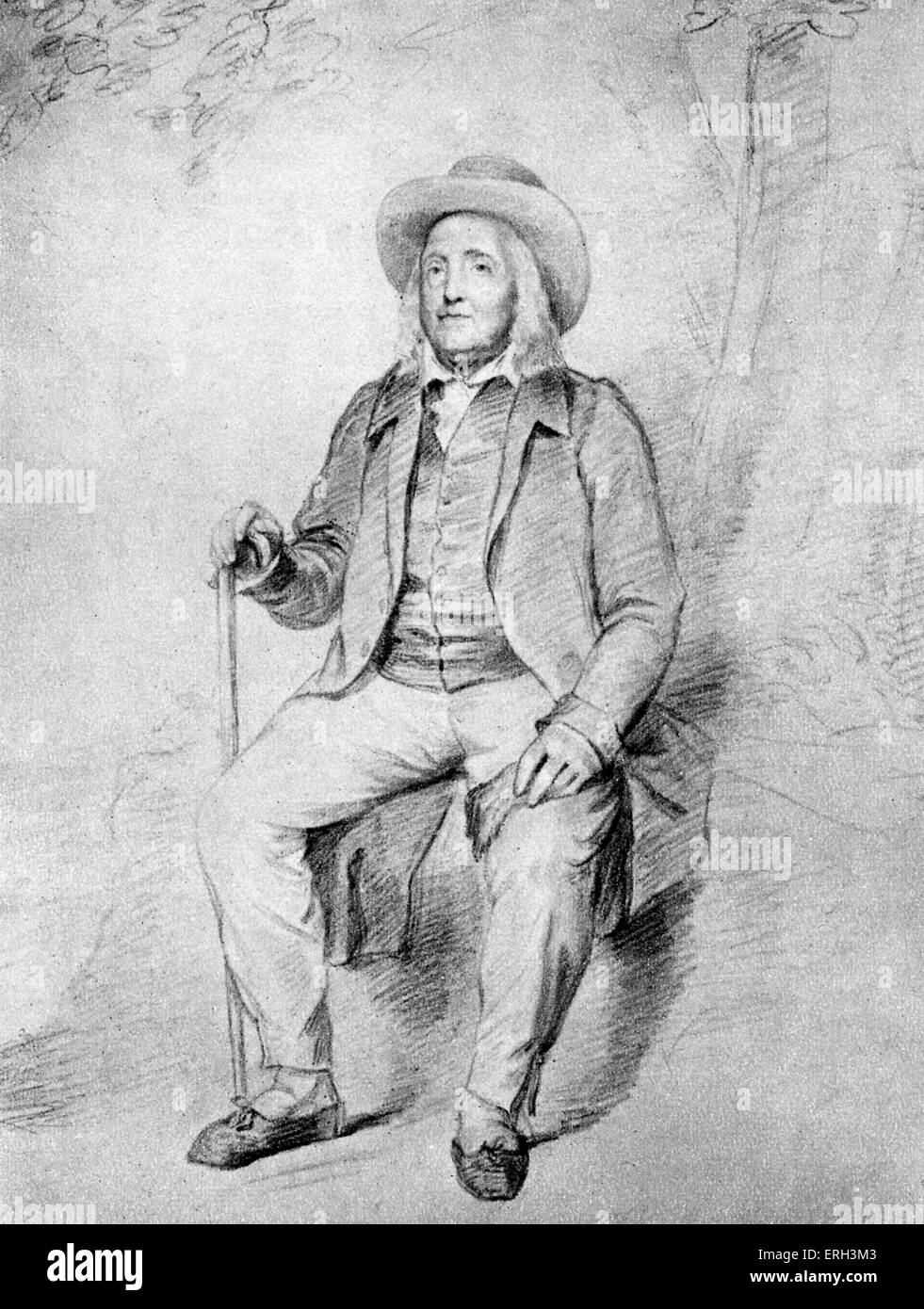 Jeremy Bentham sitzt unter einem Baum, mit Spazierstock und Hut. Zeichnung von G. F. Watts (1817 – 1904). JB: Enlglish Jurist und Stockfoto