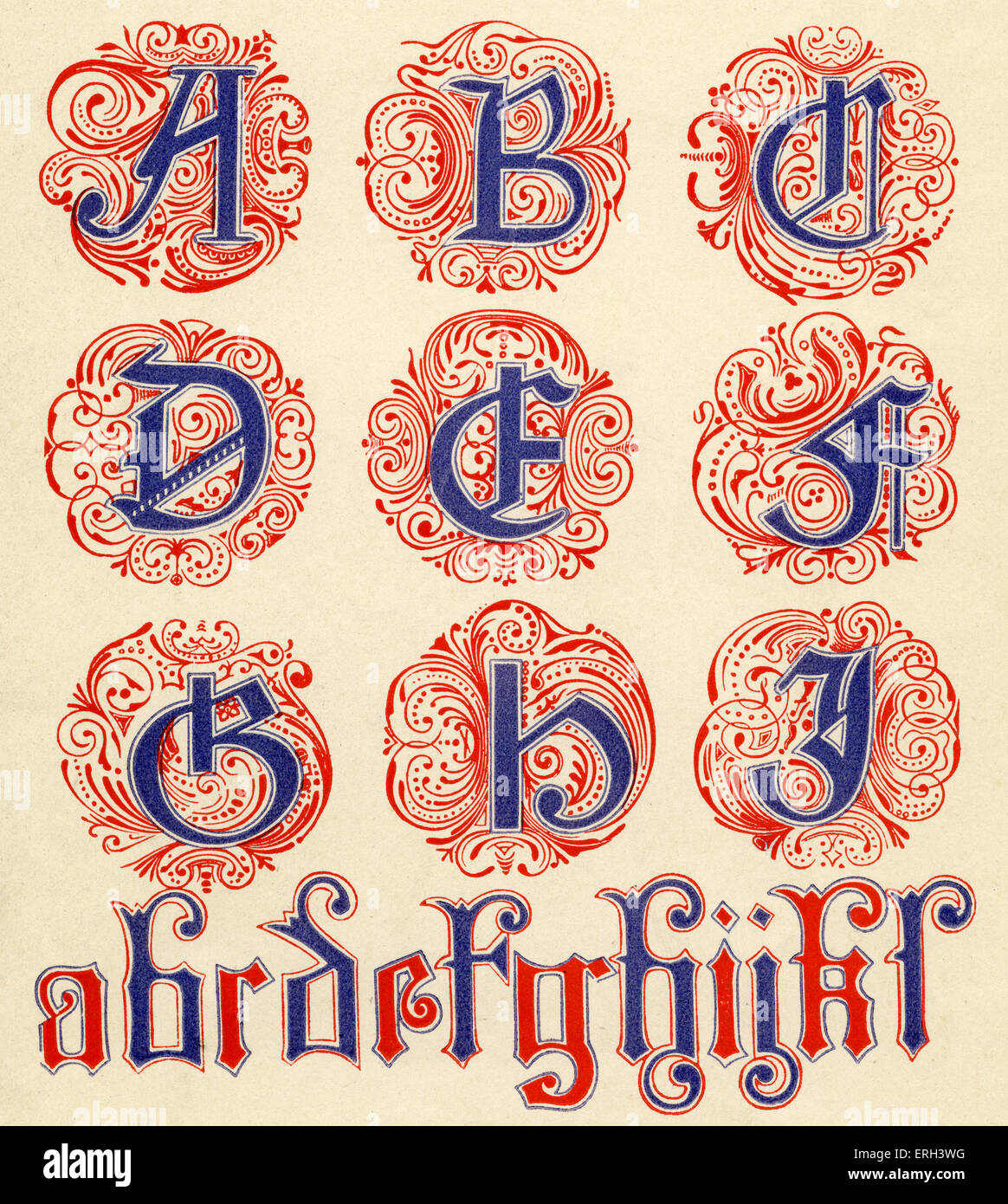 Rot und blau beleuchteten Alphabet.  Vierzehnten Jahrhundert. (1886-Quelle). Stockfoto