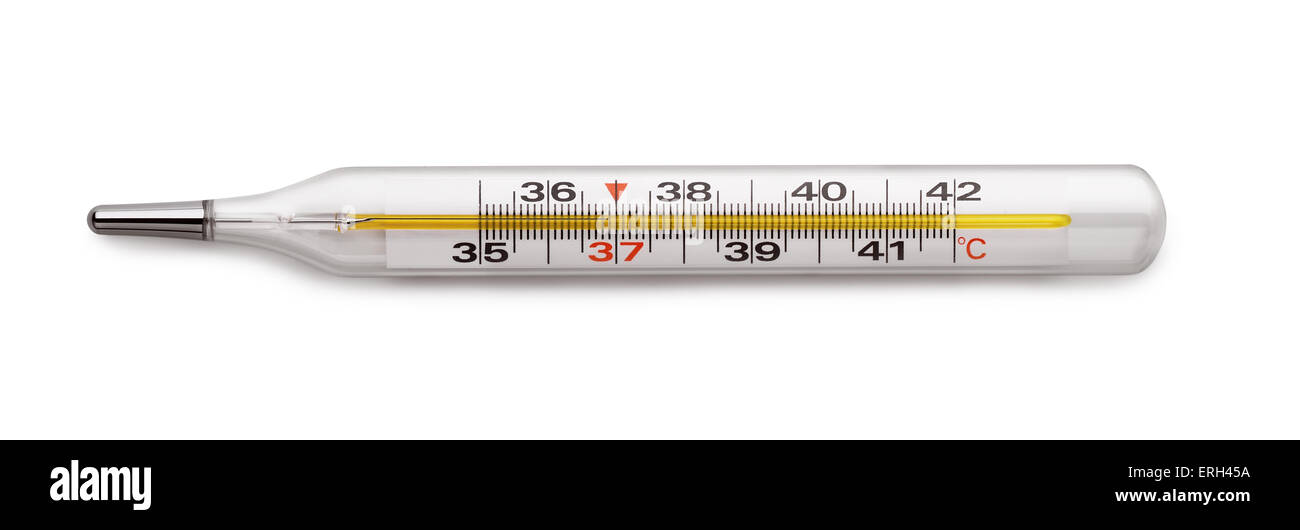 Medizinische Quecksilber-Thermometer, isoliert auf weiss Stockfoto