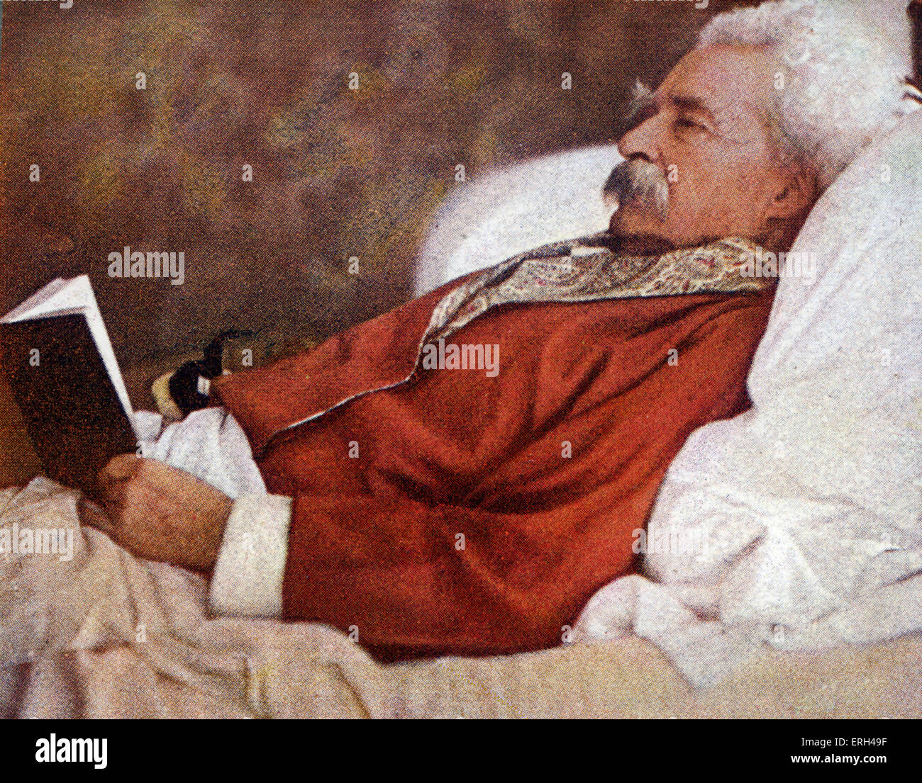 Mark Twain lesen im Bett. Mark Twain (Pseudonym für Samuel Langhorne Clemens) - amerikanischer Schriftsteller, Satiriker, Dozent, 30 Stockfoto