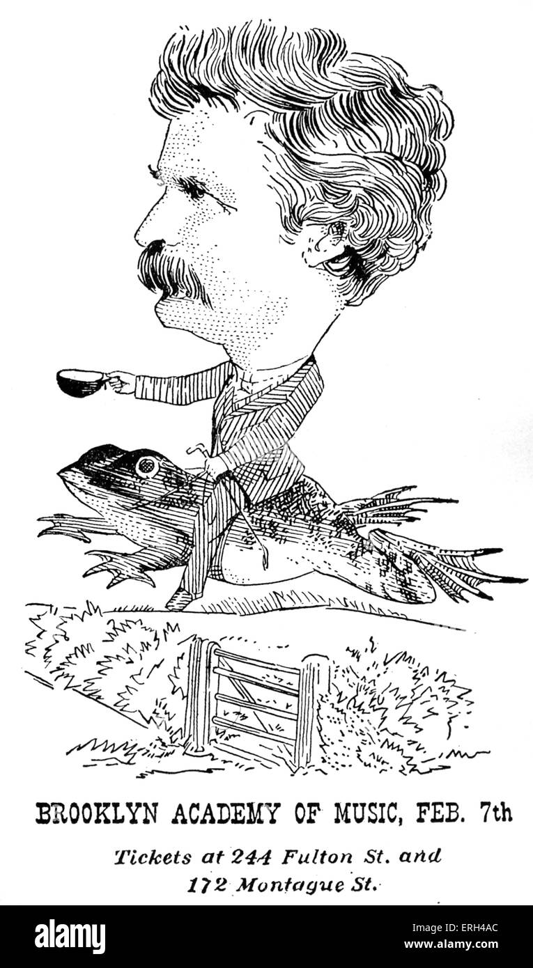 Mark Twain-Plakat zum Vortrag an der Brooklyn Academy of Music c. 1869 (Verbindung mit "Jumping Frog von Calaveras", 1867) Mark Twain Stockfoto
