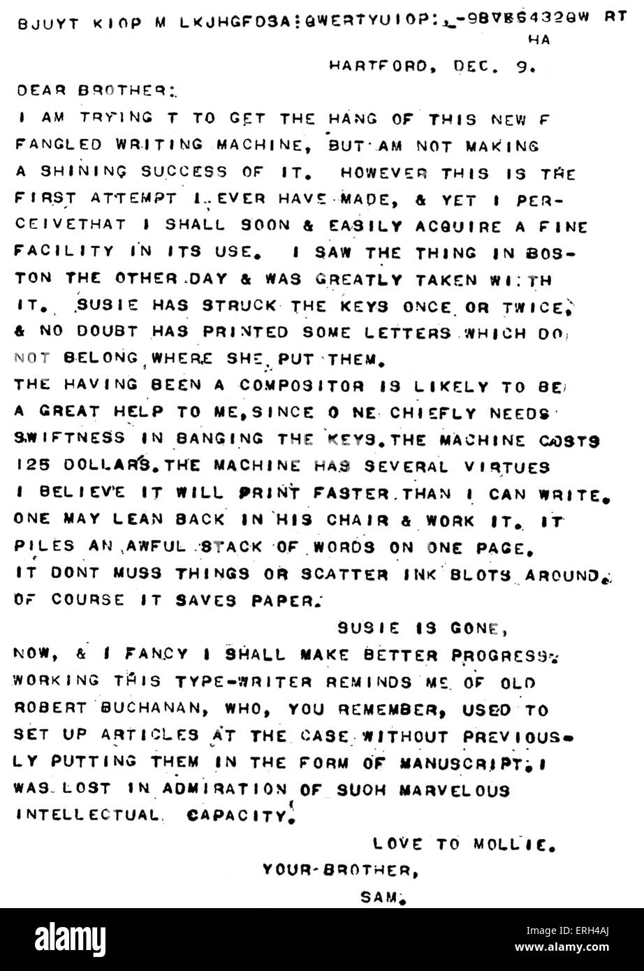 Mark Twains erster Versuch Typewritting-Brief an seinen Bruder Orion Clemens, 9. Dezember 1874. Mark Twain (Pseudonym Stockfoto