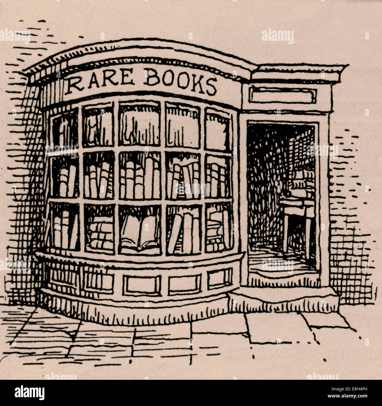Rara - Zeichnung einer Buchhandlung (Olde World Stil). Getönte Version. Stockfoto